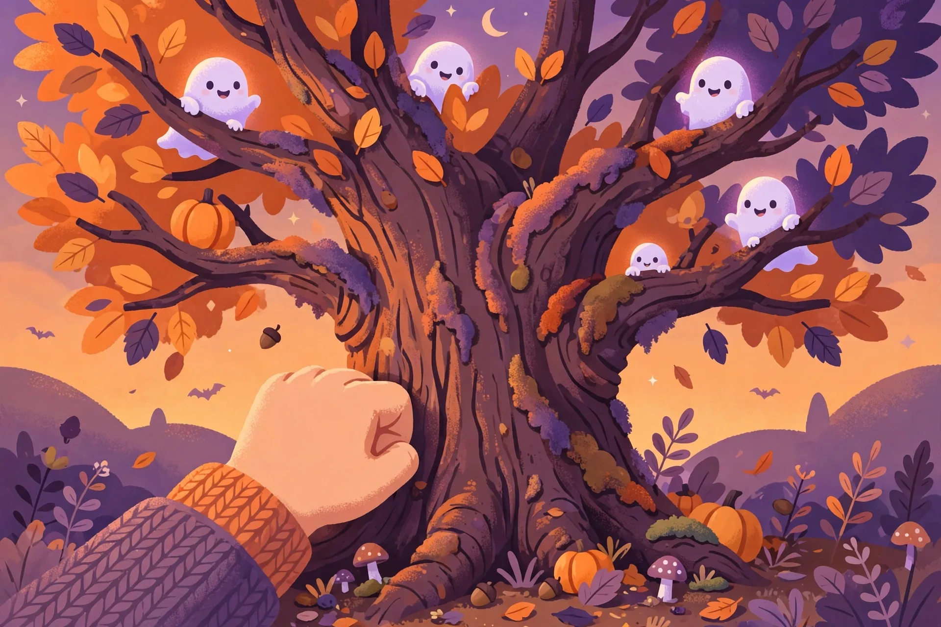 Flat illustration of a hand knocking on the trunk of an old tree