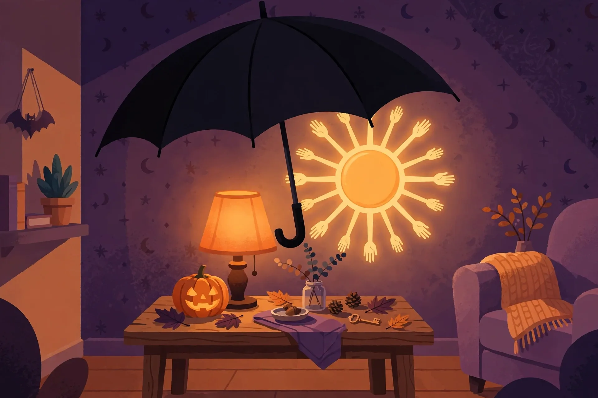 Flat illustration of an open umbrella indoors above a living room table