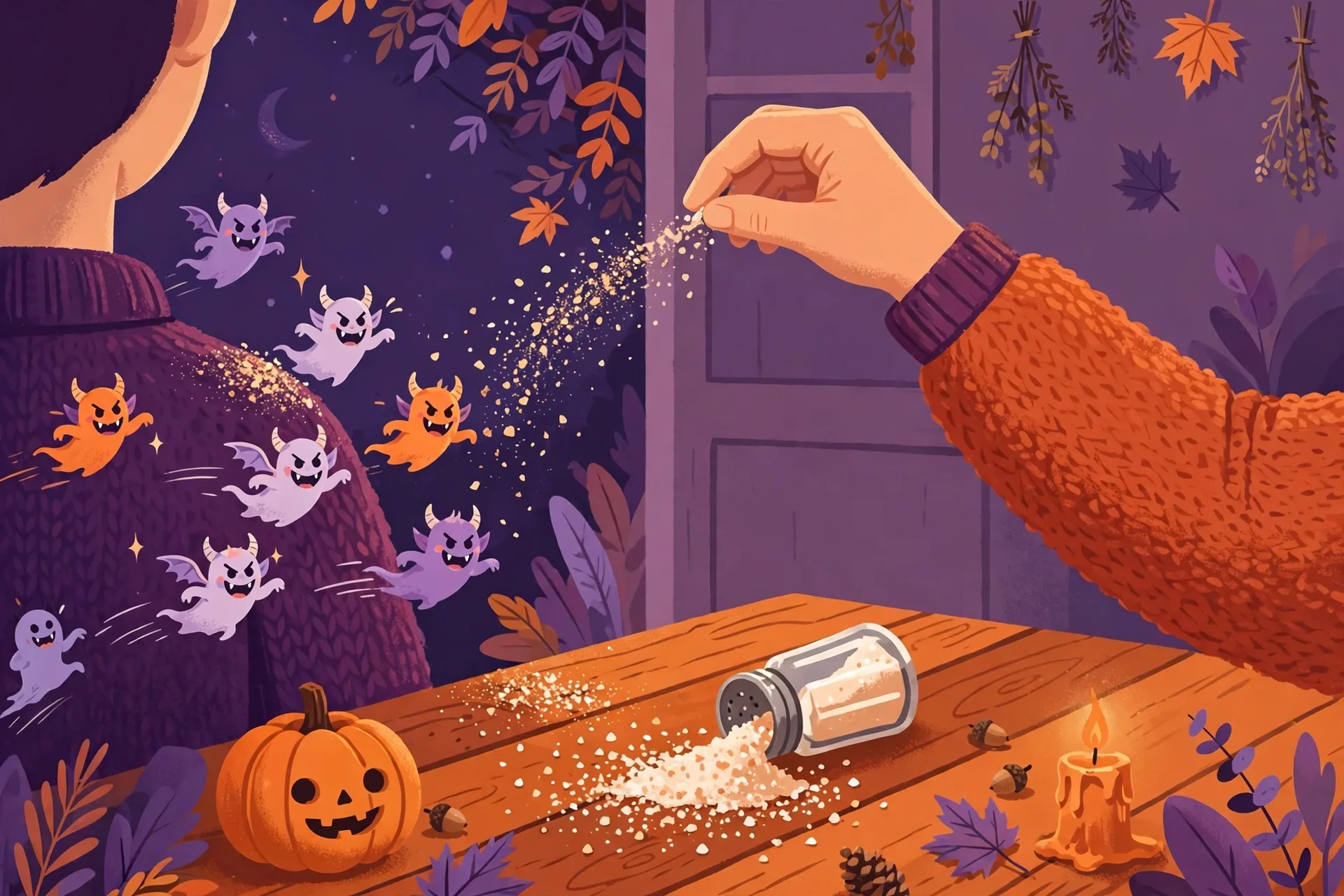 Flat illustration of a hand tossing salt over a left shoulder
