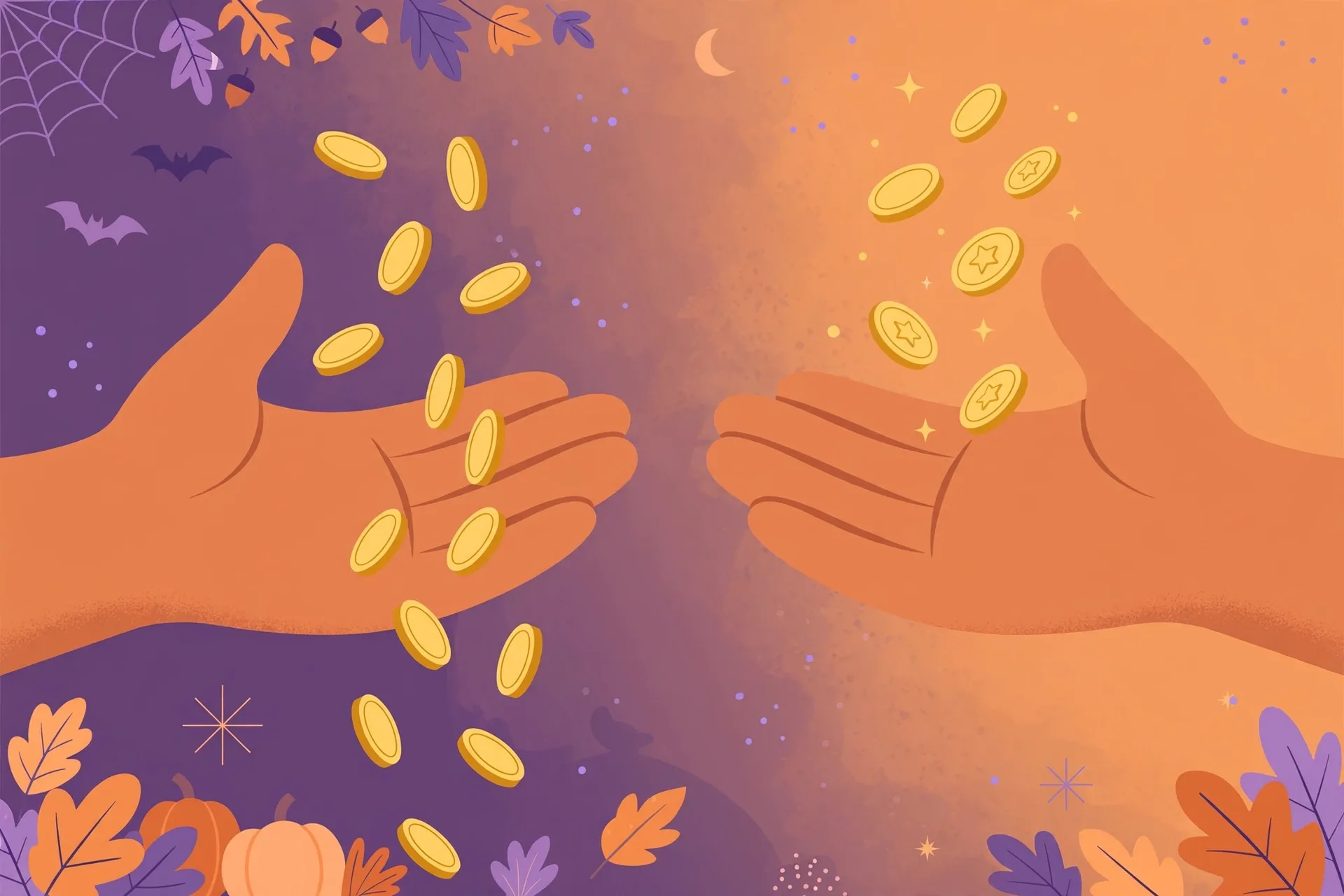 Flat illustration of an open right palm with gold coins floating above it