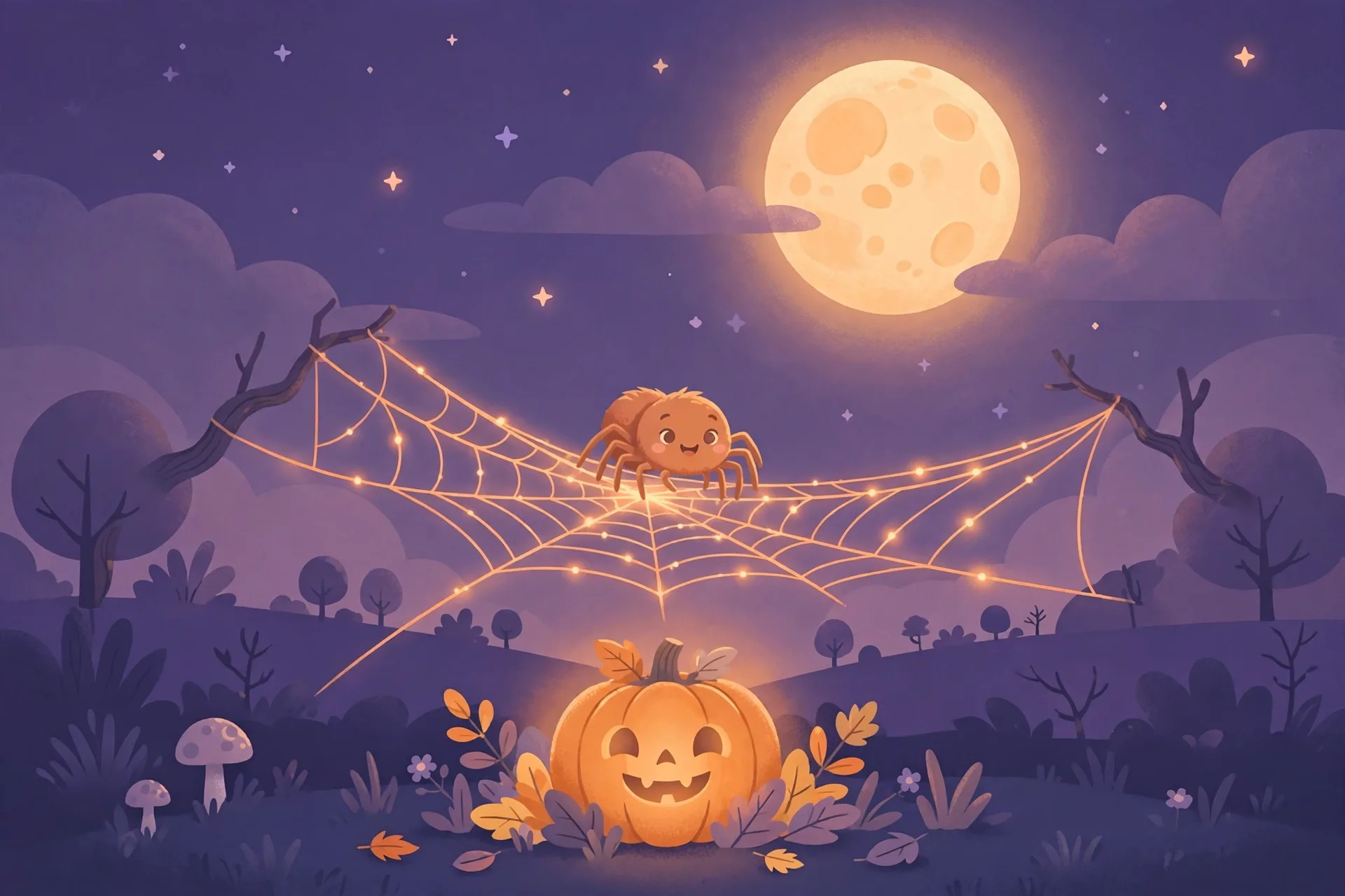 Flat illustration of a friendly spider on a glowing web on Halloween night