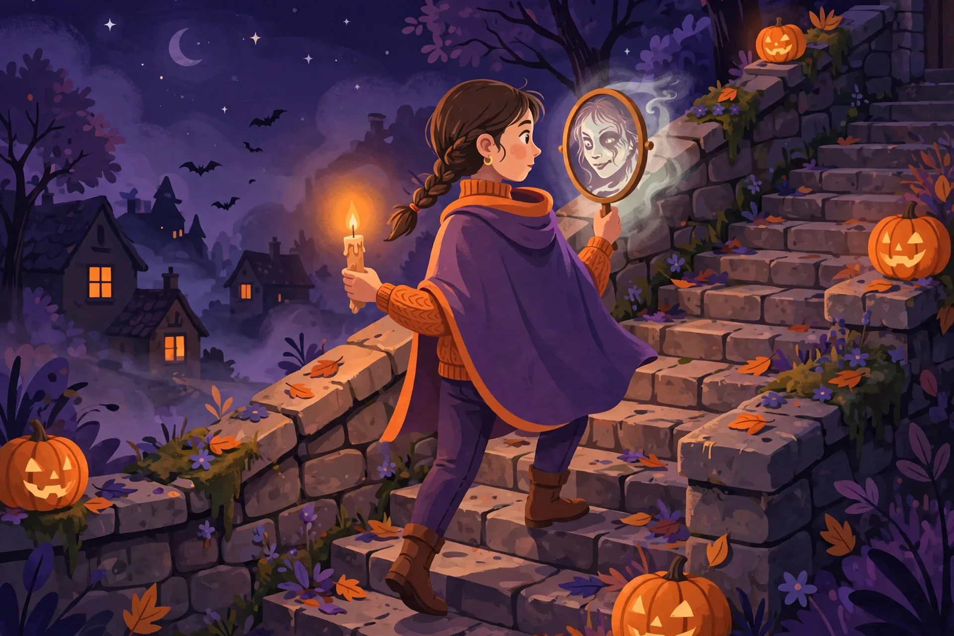 Flat illustration of a woman walking down stairs backward at midnight holding a candle and a mirror
