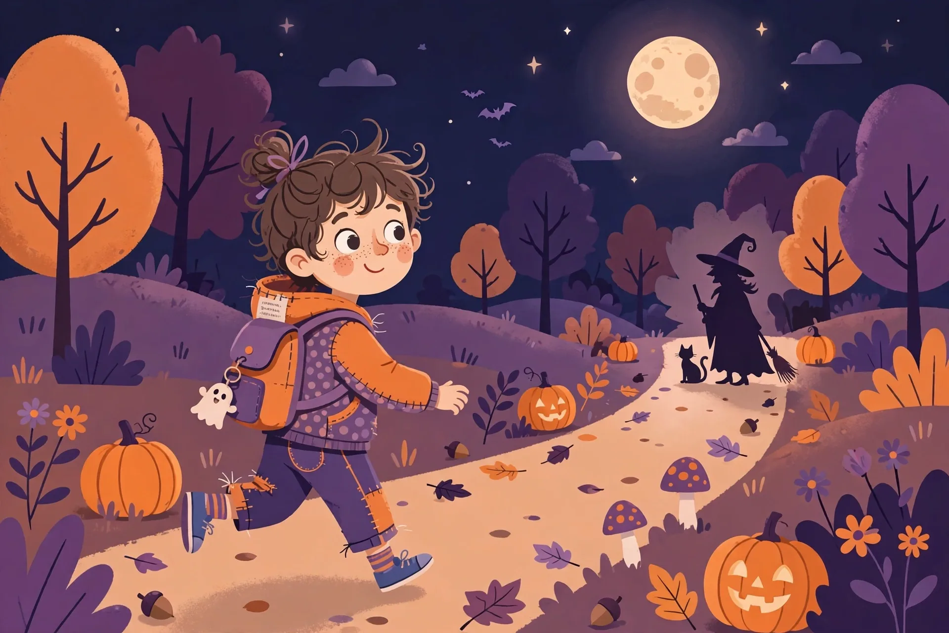Flat illustration of a child in inside-out clothes walking backward at midnight