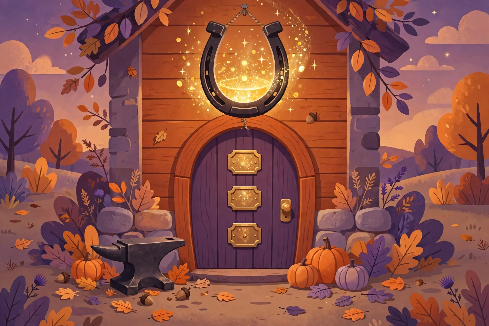 Flat illustration of an iron horseshoe hung points-up over a front door