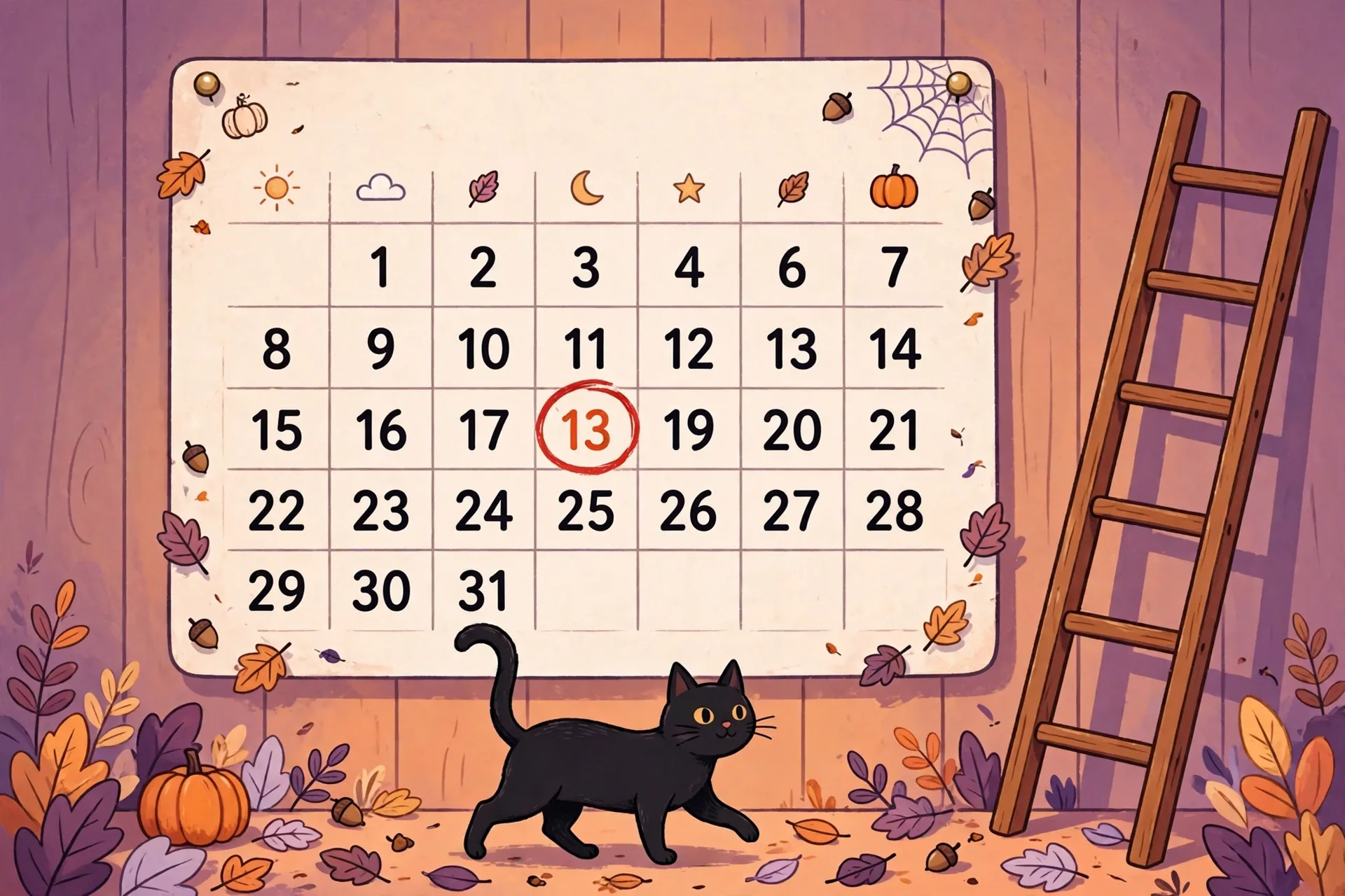Flat illustration of a calendar page showing Friday the 13th circled in red