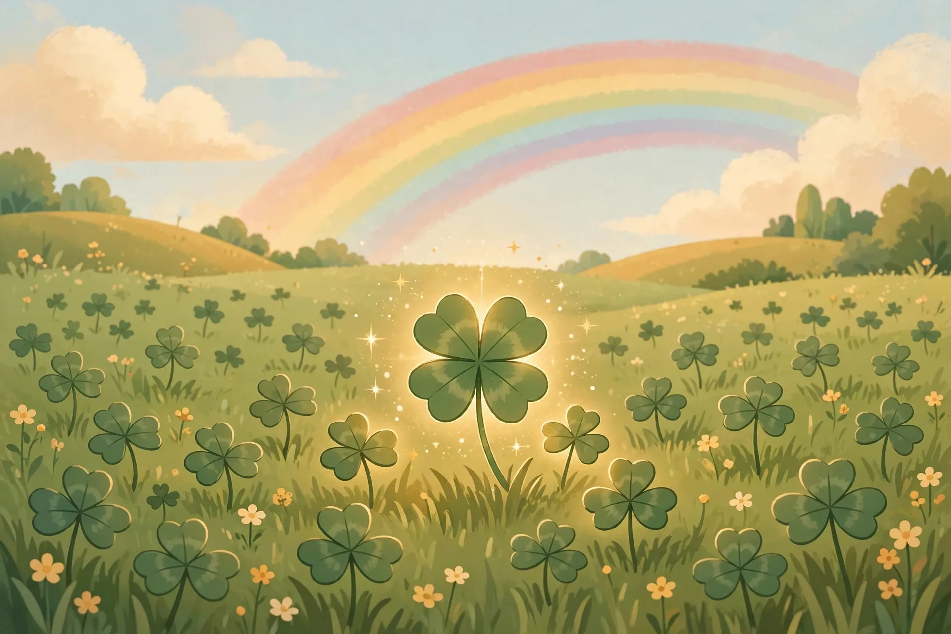 Flat illustration of a four-leaf clover glowing among three-leaf clover