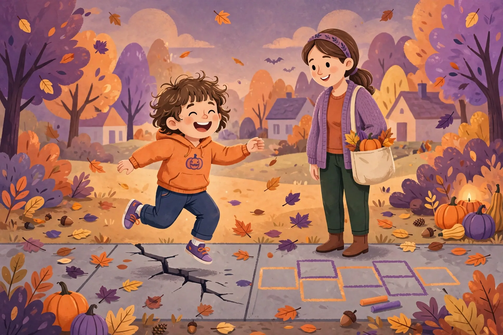 Flat illustration of a laughing child hopping over a crack in a sidewalk