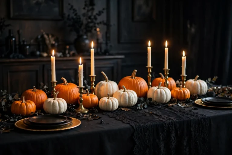 Moody Halloween dining table with black lace runner, orange and white pumpkins, brass candlesticks, gold chargers and warm candlelight