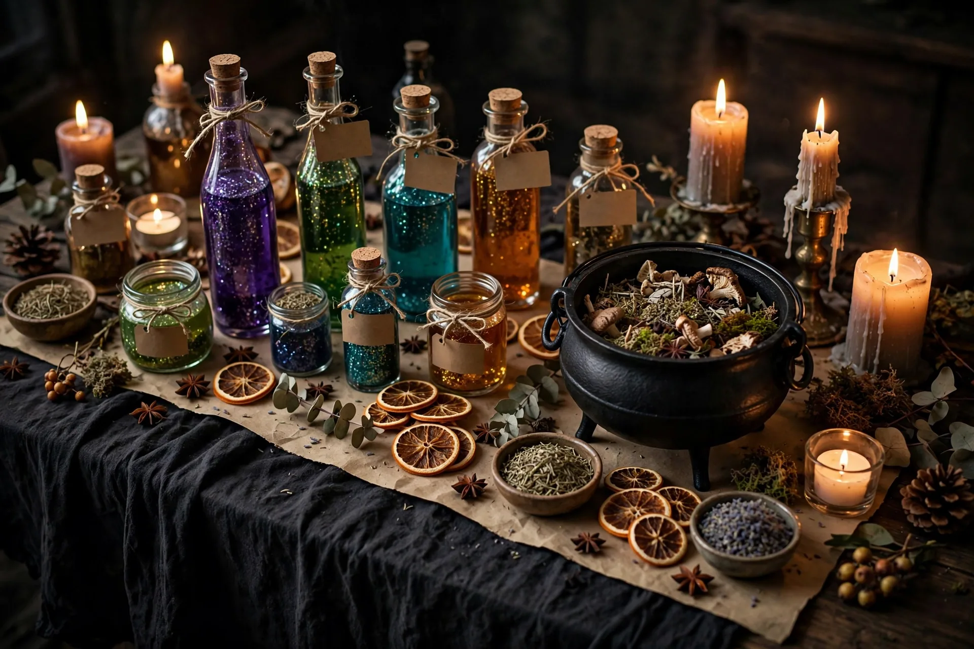 Witch's apothecary Halloween table with labeled potion bottles, dried herbs and a black cauldron serving bowl