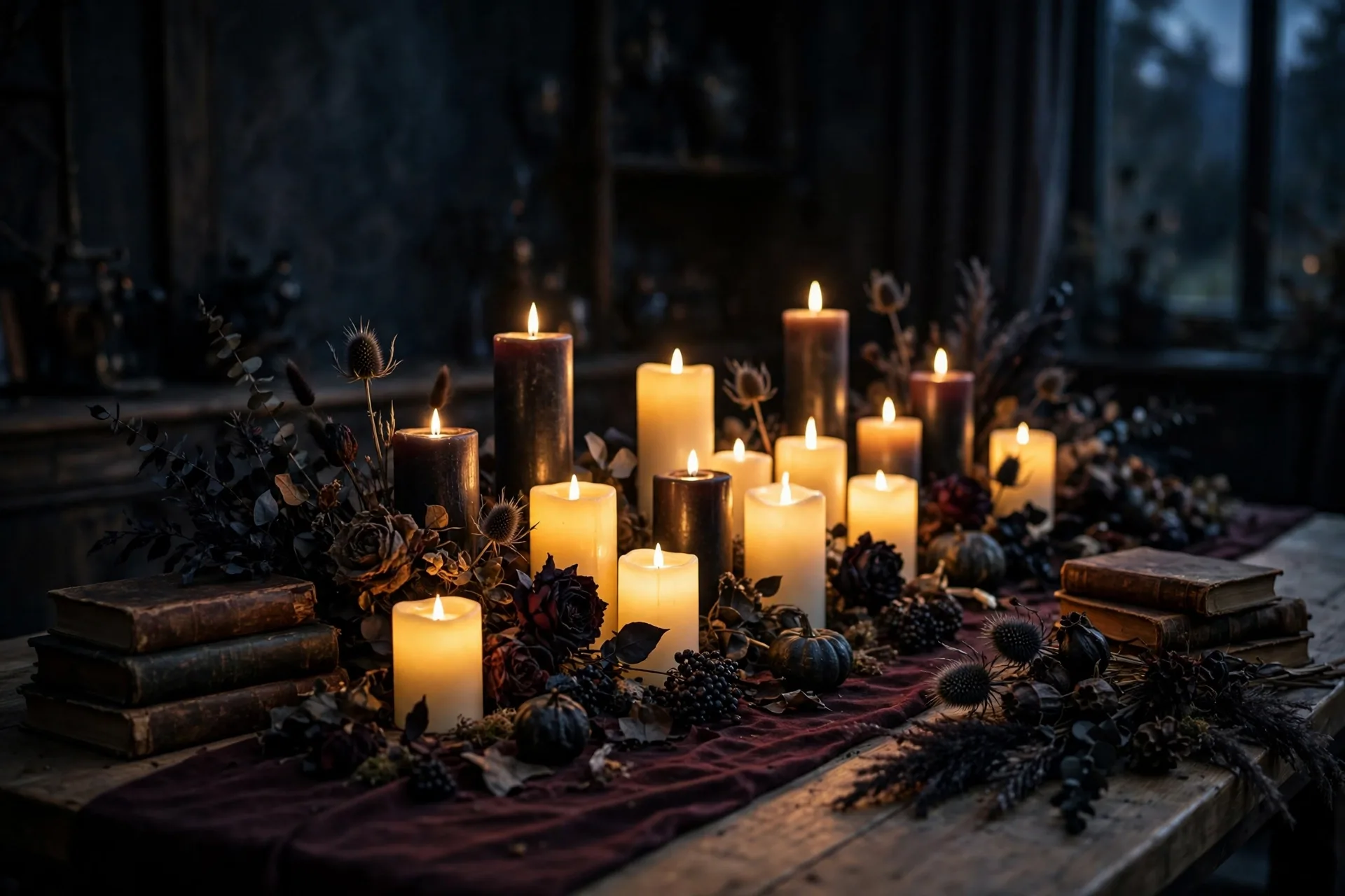 Candlelit Halloween table with clusters of glowing candles at different heights, burgundy runner and vintage books