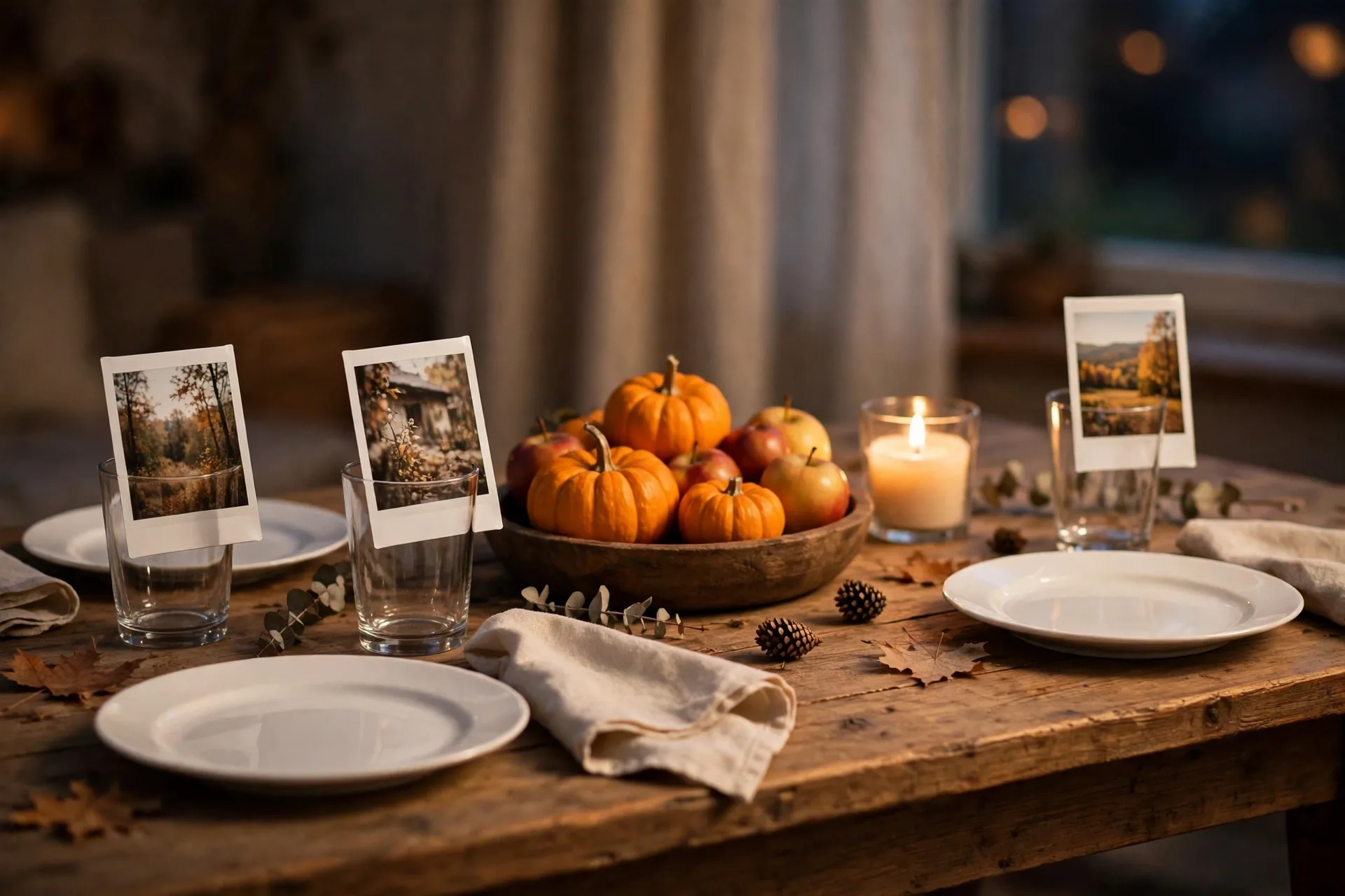 Simple five-minute Halloween table with white plates, a bowl of mini pumpkins and instant photo place cards