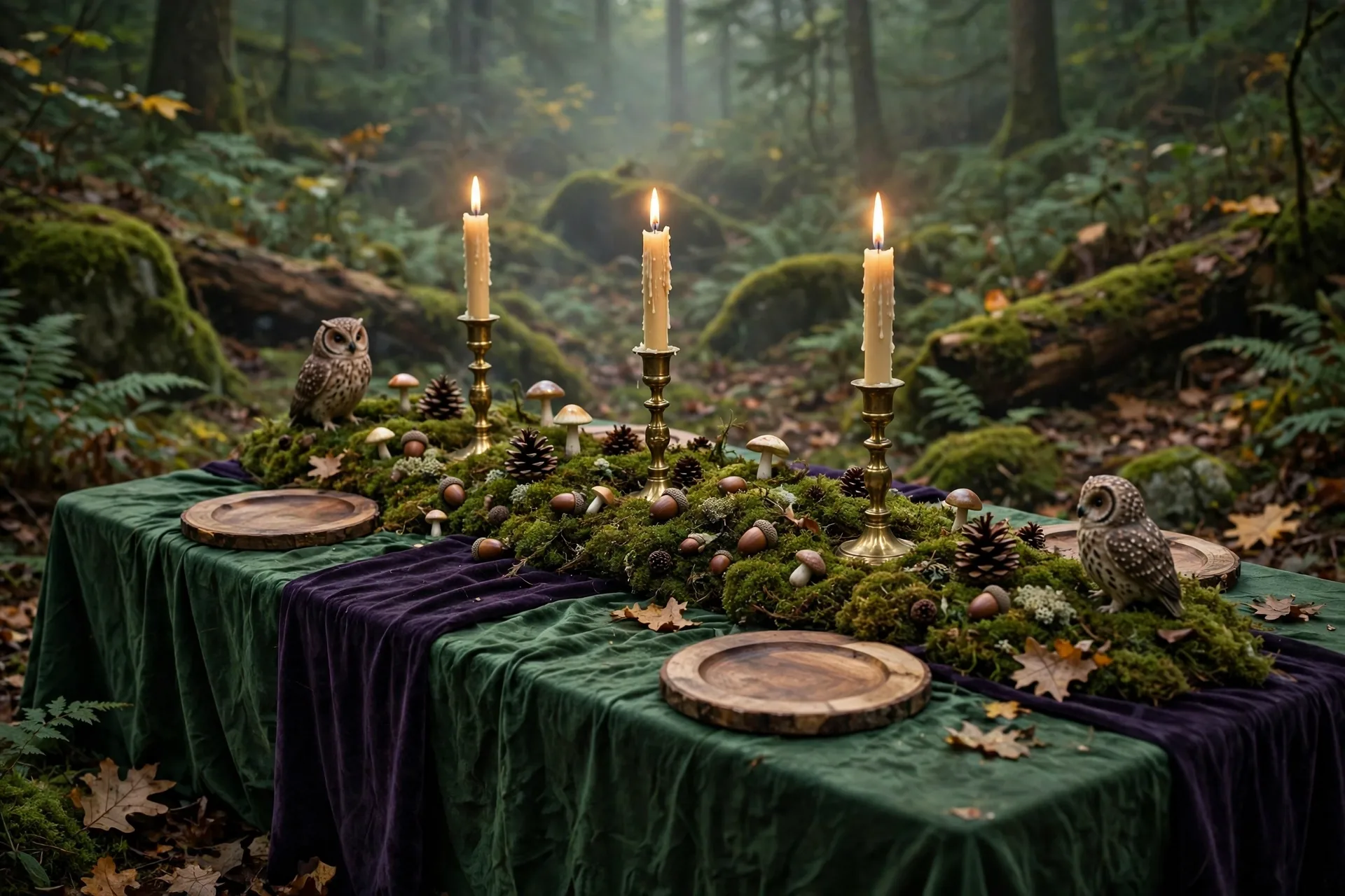 Enchanted forest Halloween feast table with green cloth, moss centerpiece, pinecones, mushrooms and brass candlesticks