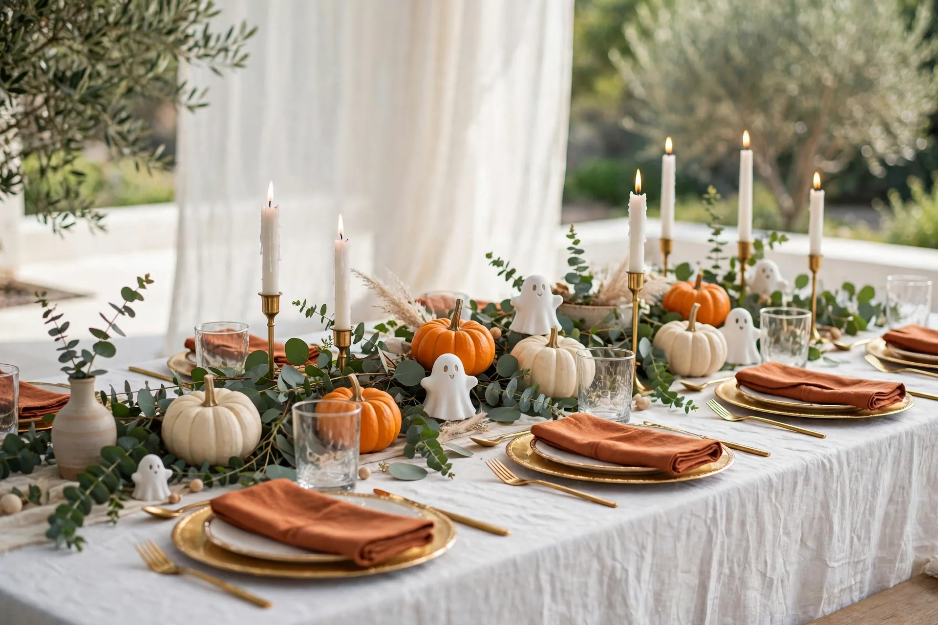 Ghostly glam Halloween brunch table in white and terracotta with white pumpkins, eucalyptus and gold-rimmed chargers