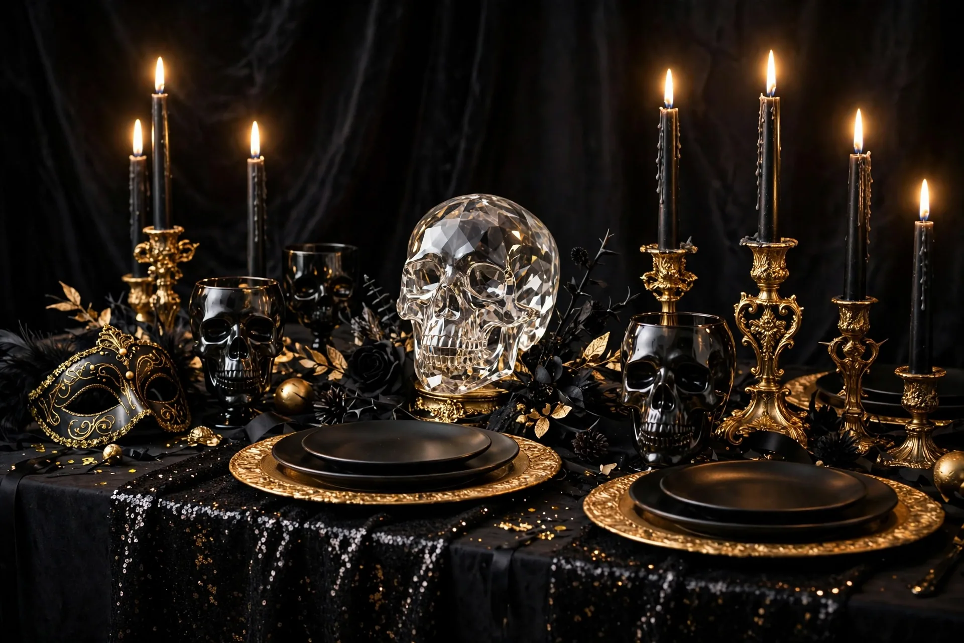 Black and gold Halloween masquerade tablescape with sequin runner, gold chargers, black tapers and a crystal skull centerpiece
