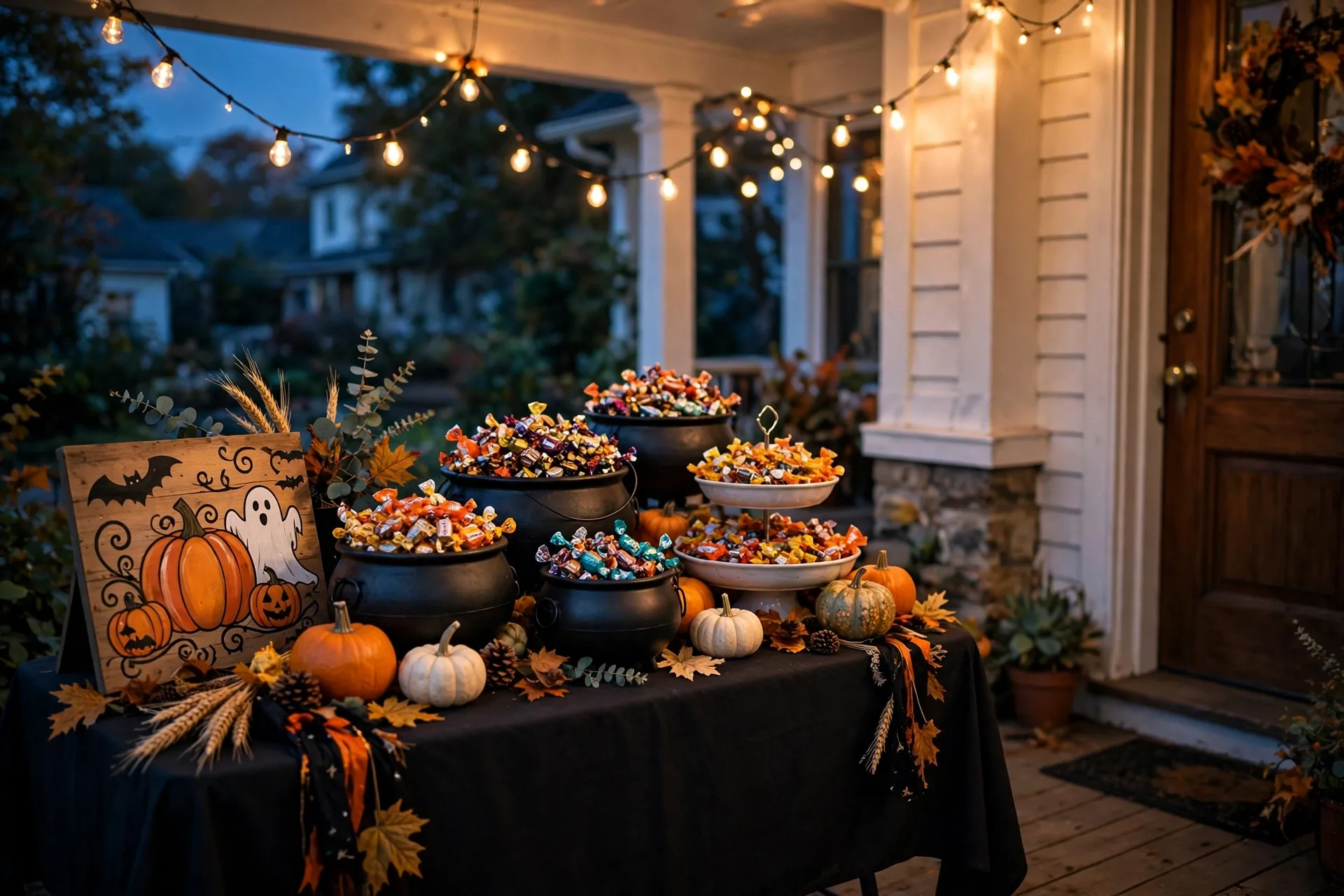Halloween trick-or-treat candy handout station table by a front door with tiered candy bowls, a cauldron and string lights