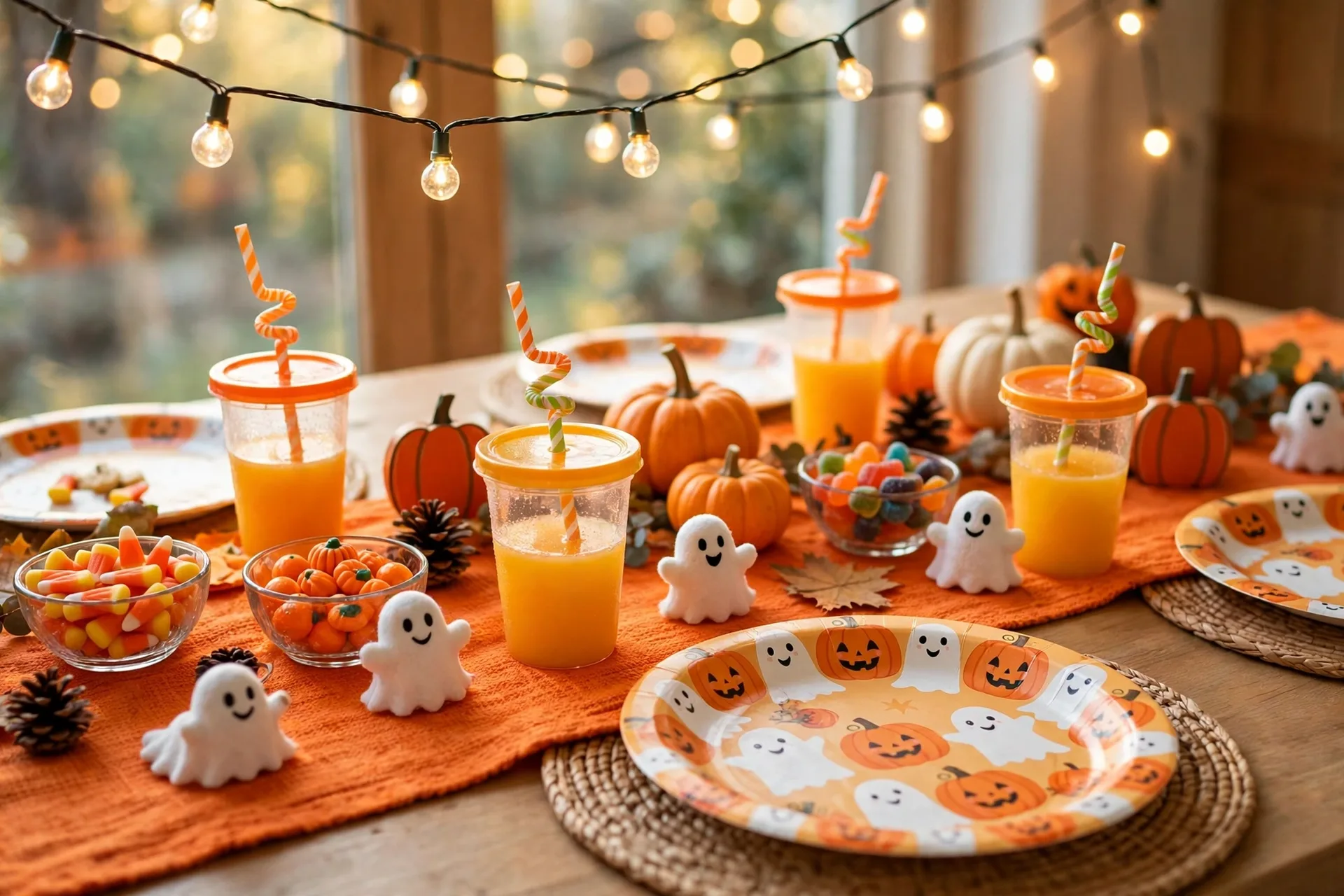 Cheerful kid-friendly Halloween table with ghost paper plates, candy bowls, juice cups and string lights