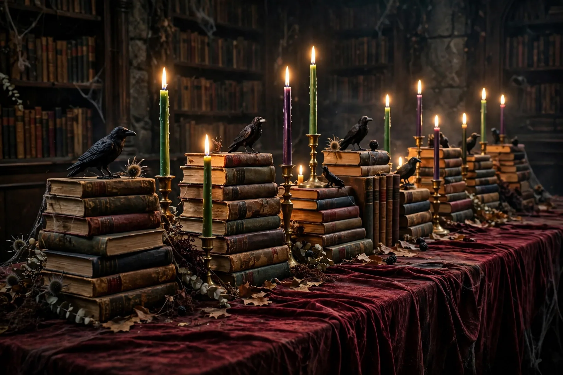 Haunted library Halloween table with stacked vintage books, jewel-tone taper candles and black raven figures