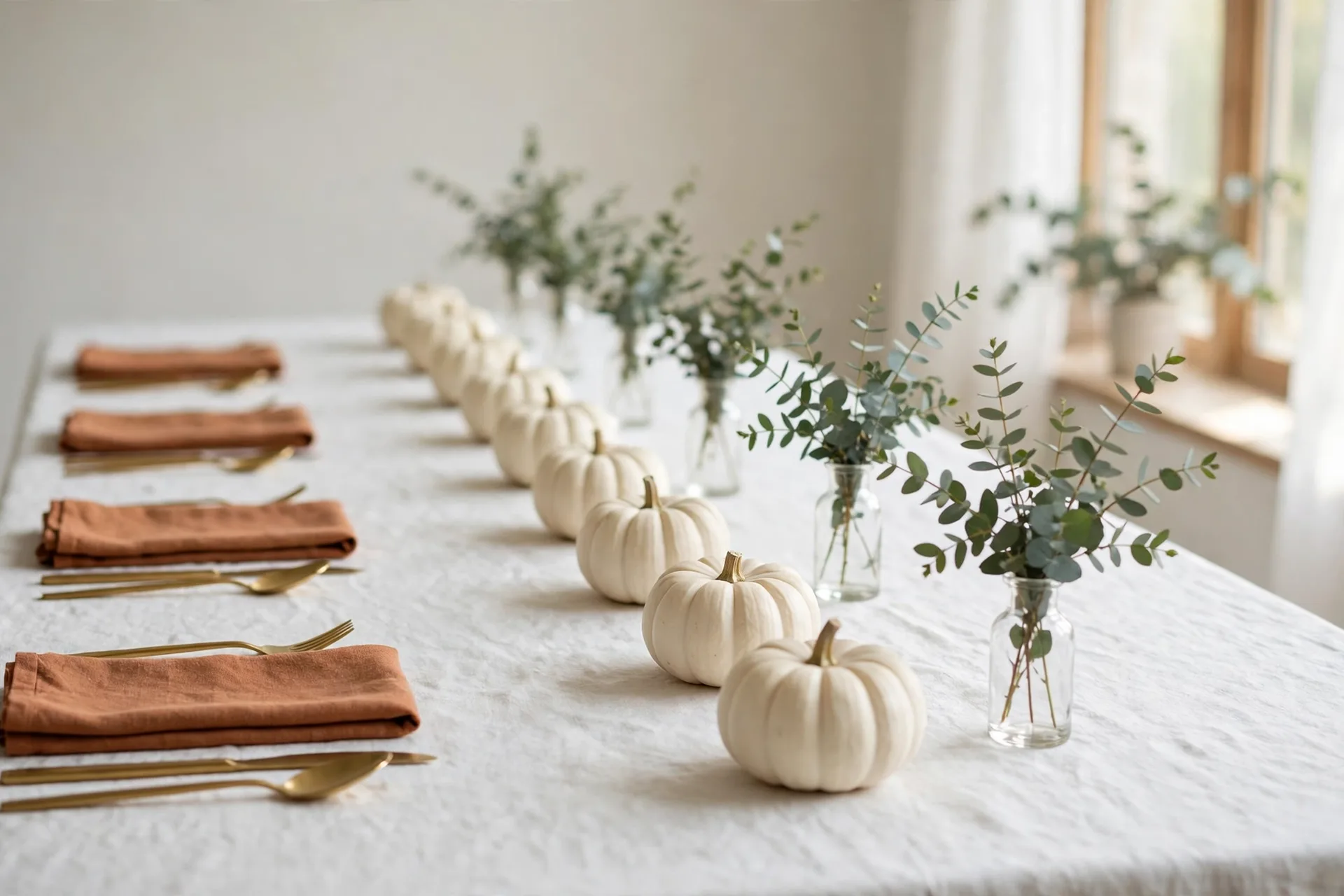Minimalist white Halloween tablescape with Casper pumpkins, terracotta napkins and eucalyptus in soft daylight