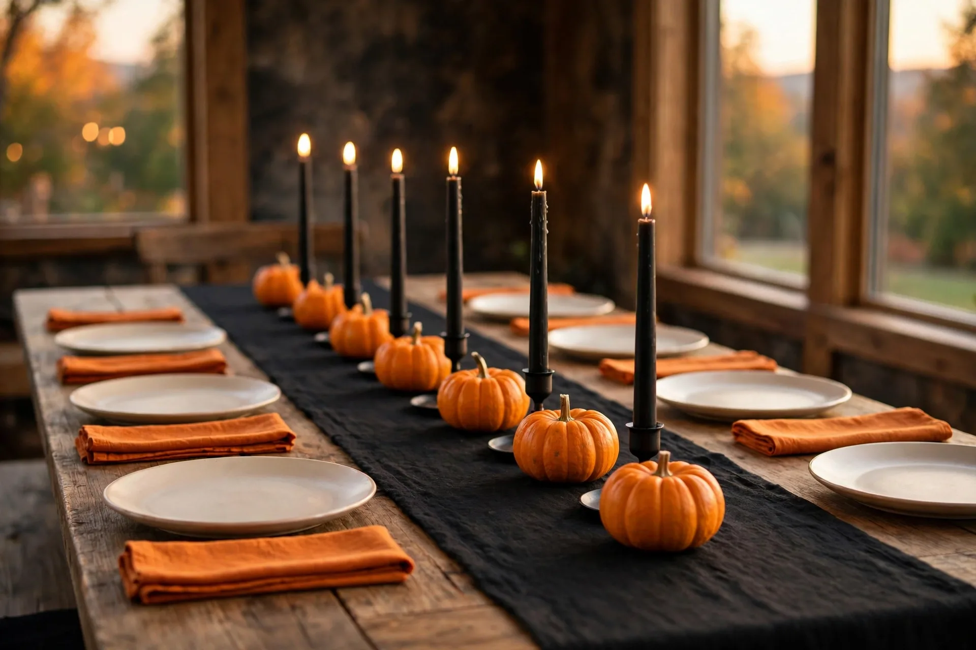 Orange and black Halloween tablescape with black runner, cream plates, orange napkins and a row of mini pumpkins