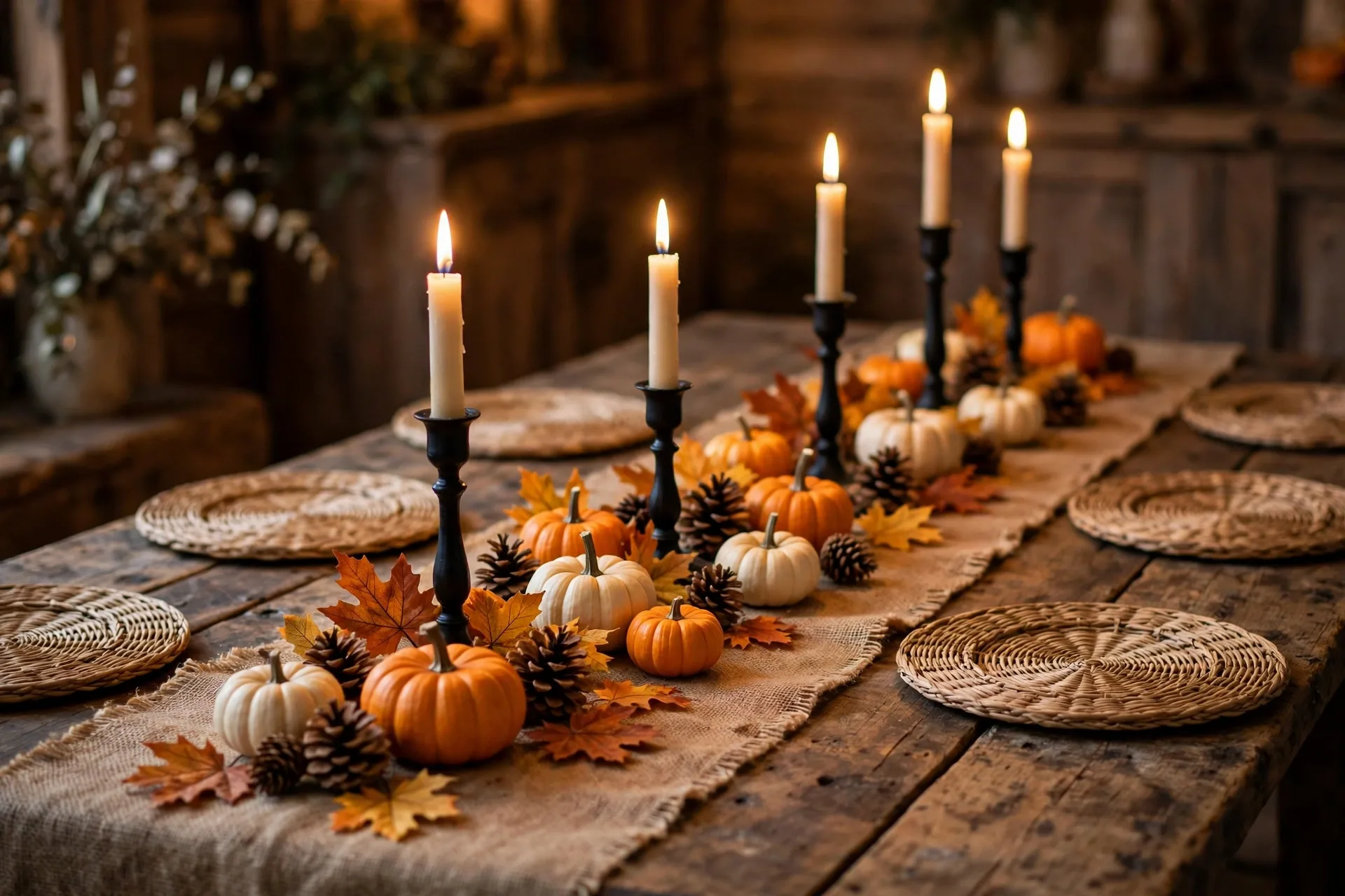 Rustic Halloween table with burlap runner, mini pumpkins, pinecones, silk fall leaves and black candlesticks
