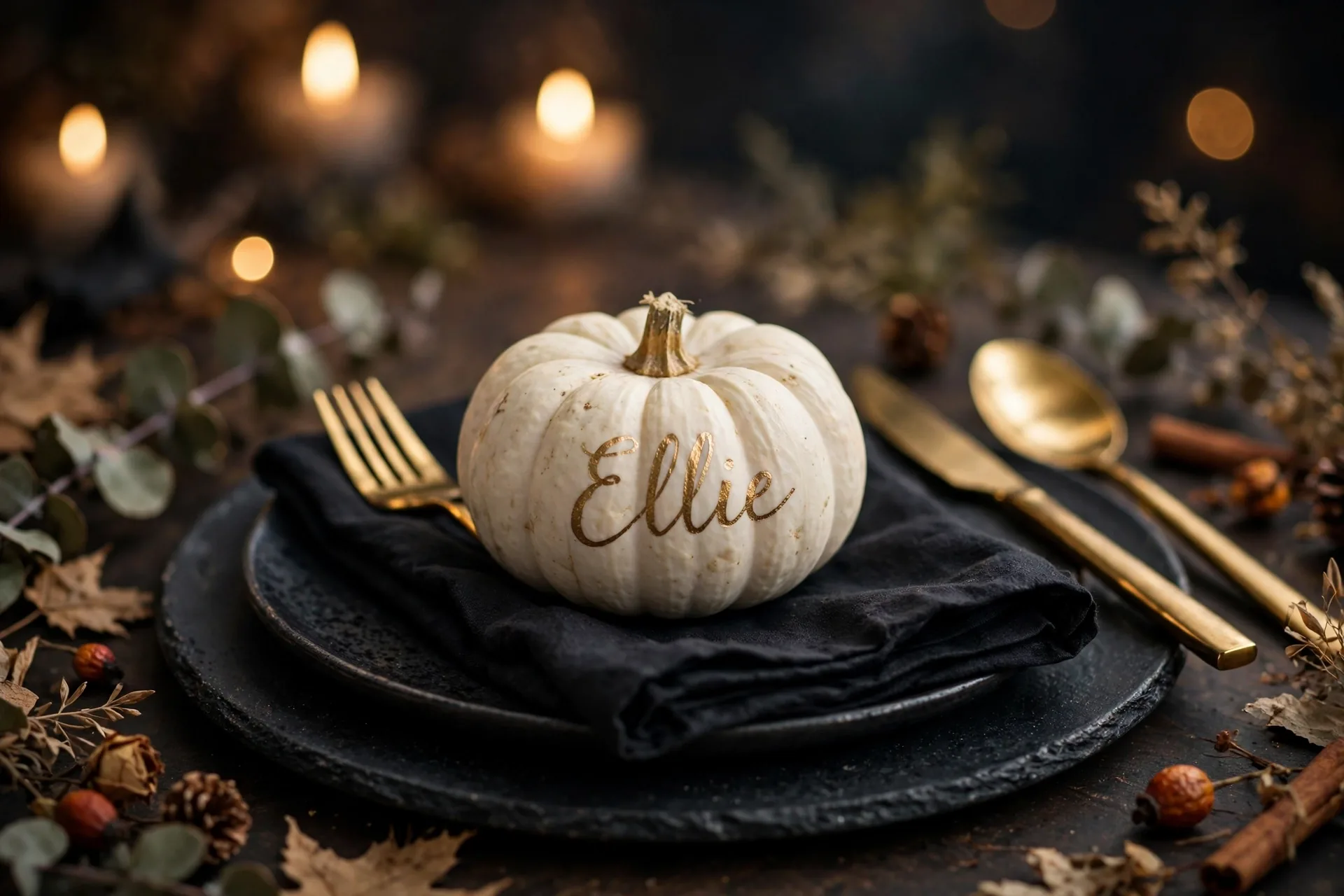Painted-pumpkin place cards with guest names written in gold ink on white mini pumpkins at a Halloween table