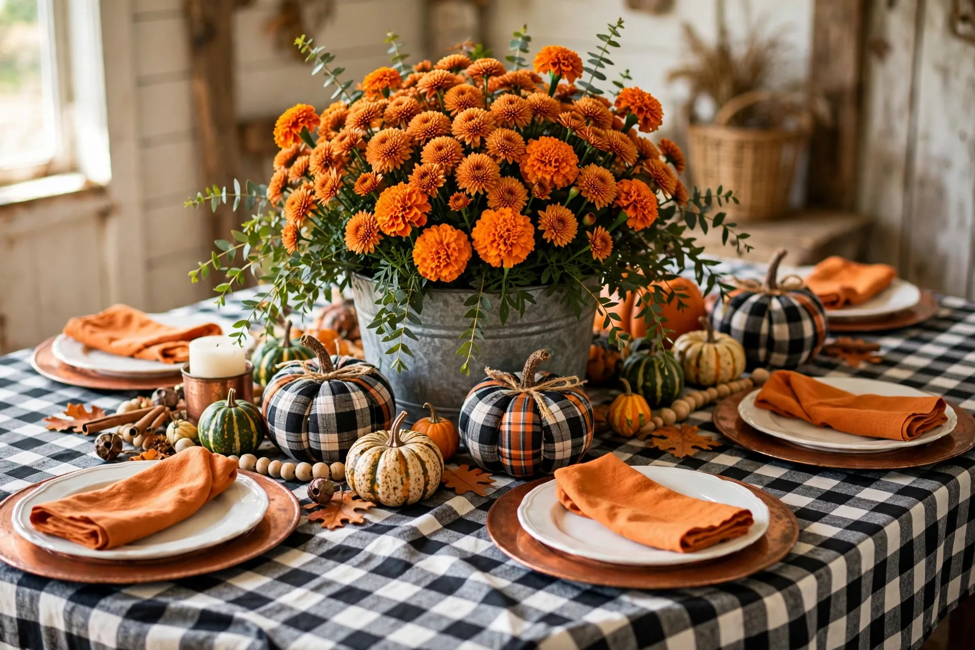 Plaid-and-pumpkin farmhouse Halloween table with buffalo check cloth, copper chargers and a bucket of orange mums