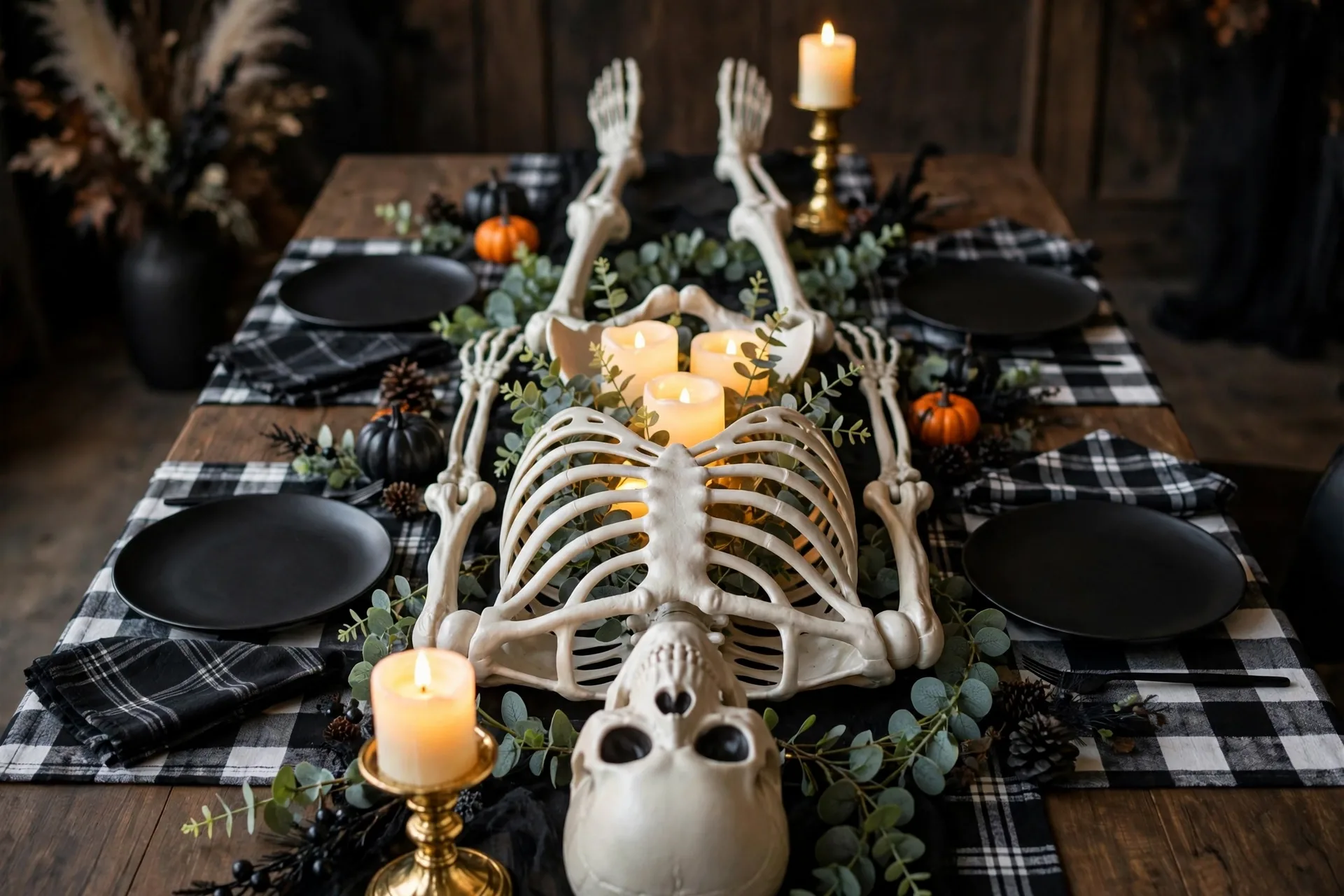 Skeleton showstopper Halloween table with a plastic skeleton, eucalyptus garland and glowing flameless candles