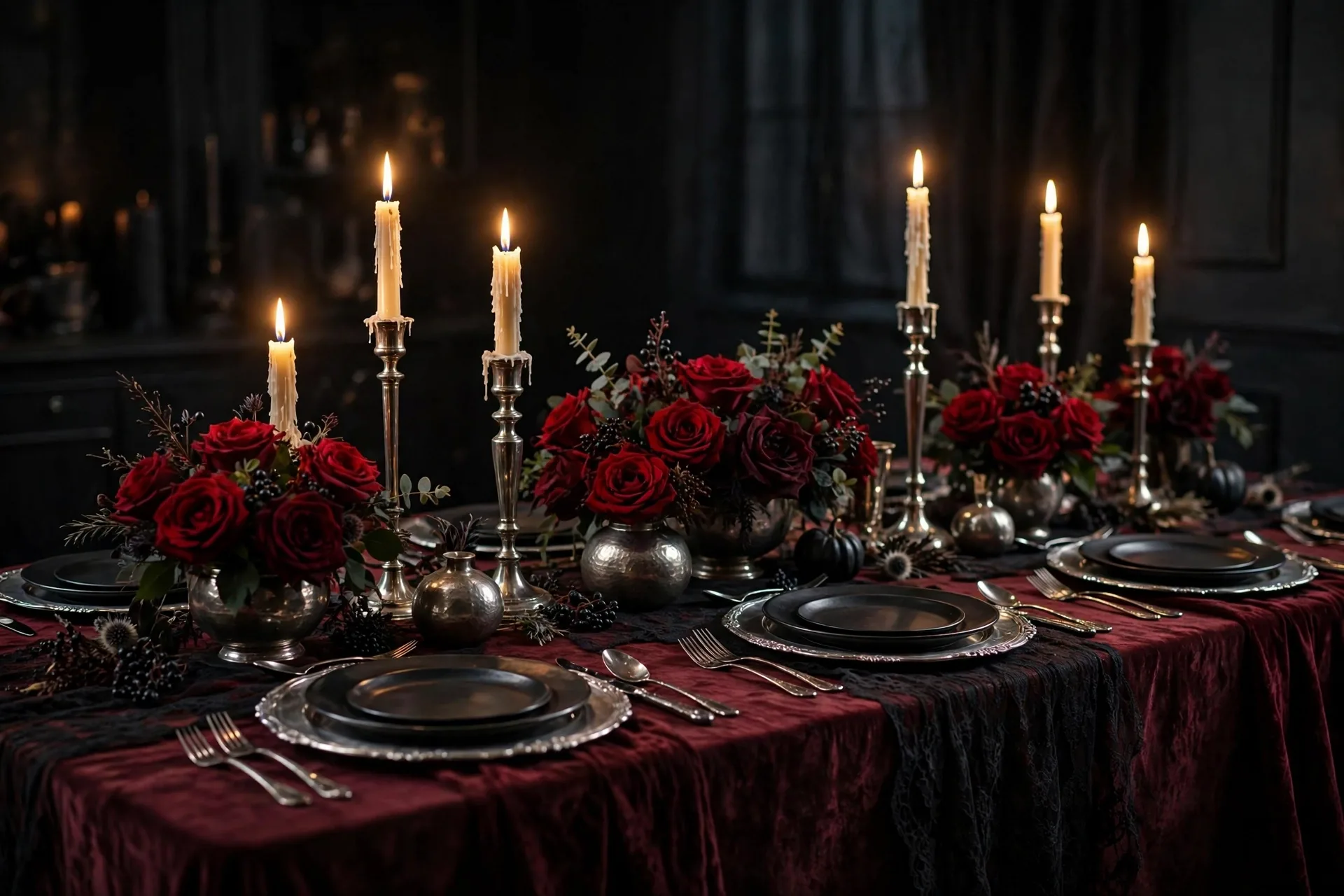 Deep red and silver Halloween tablescape with burgundy cloth, black lace runner, silver chargers and red roses in candlelight