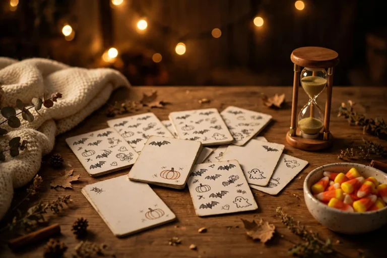 A cozy Halloween game night table with illustrated word-guessing cards, a sand timer, a bowl of candy corn, and warm string lights