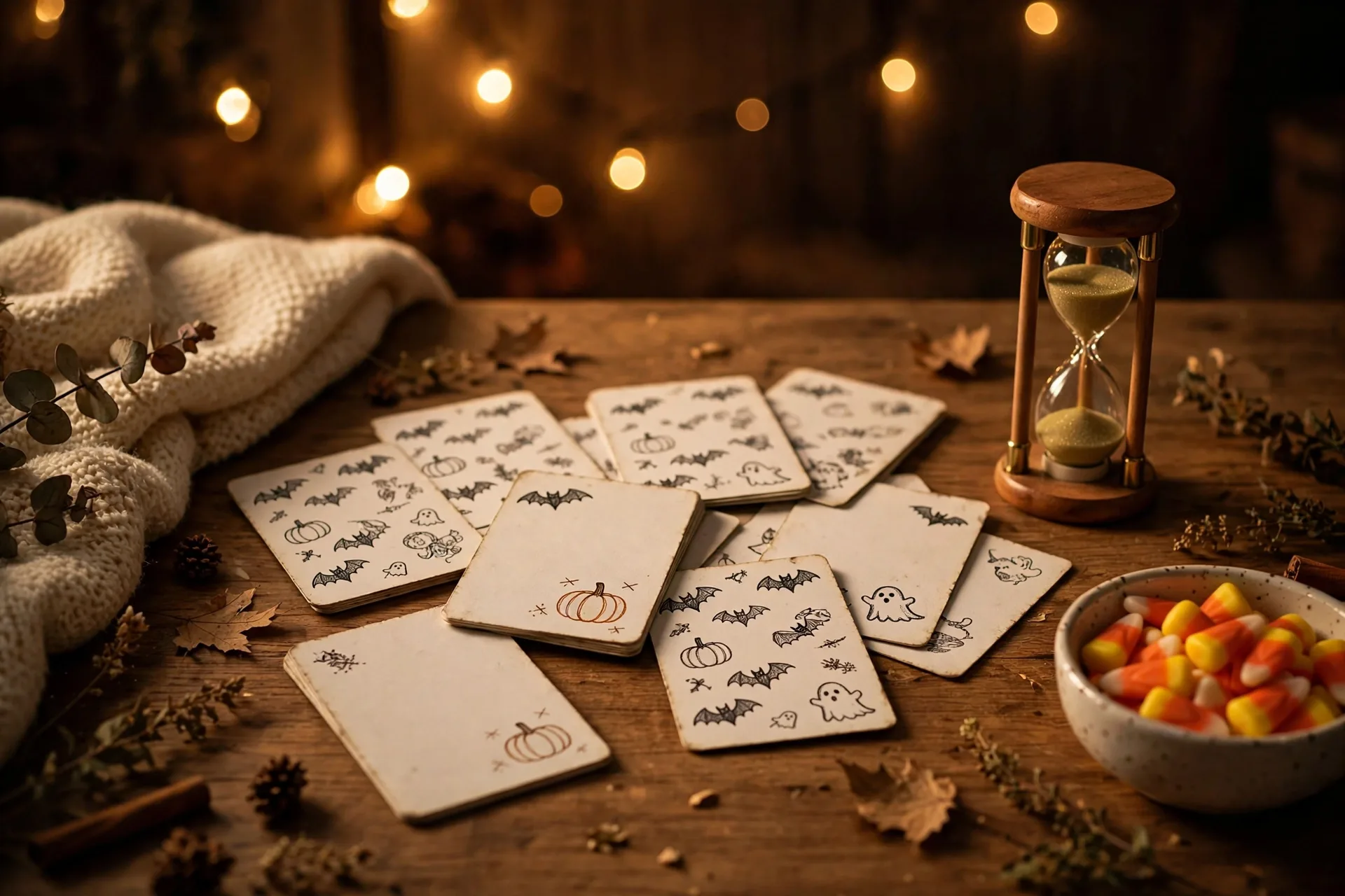 A cozy Halloween game night table with illustrated word-guessing cards, a sand timer, a bowl of candy corn, and warm string lights