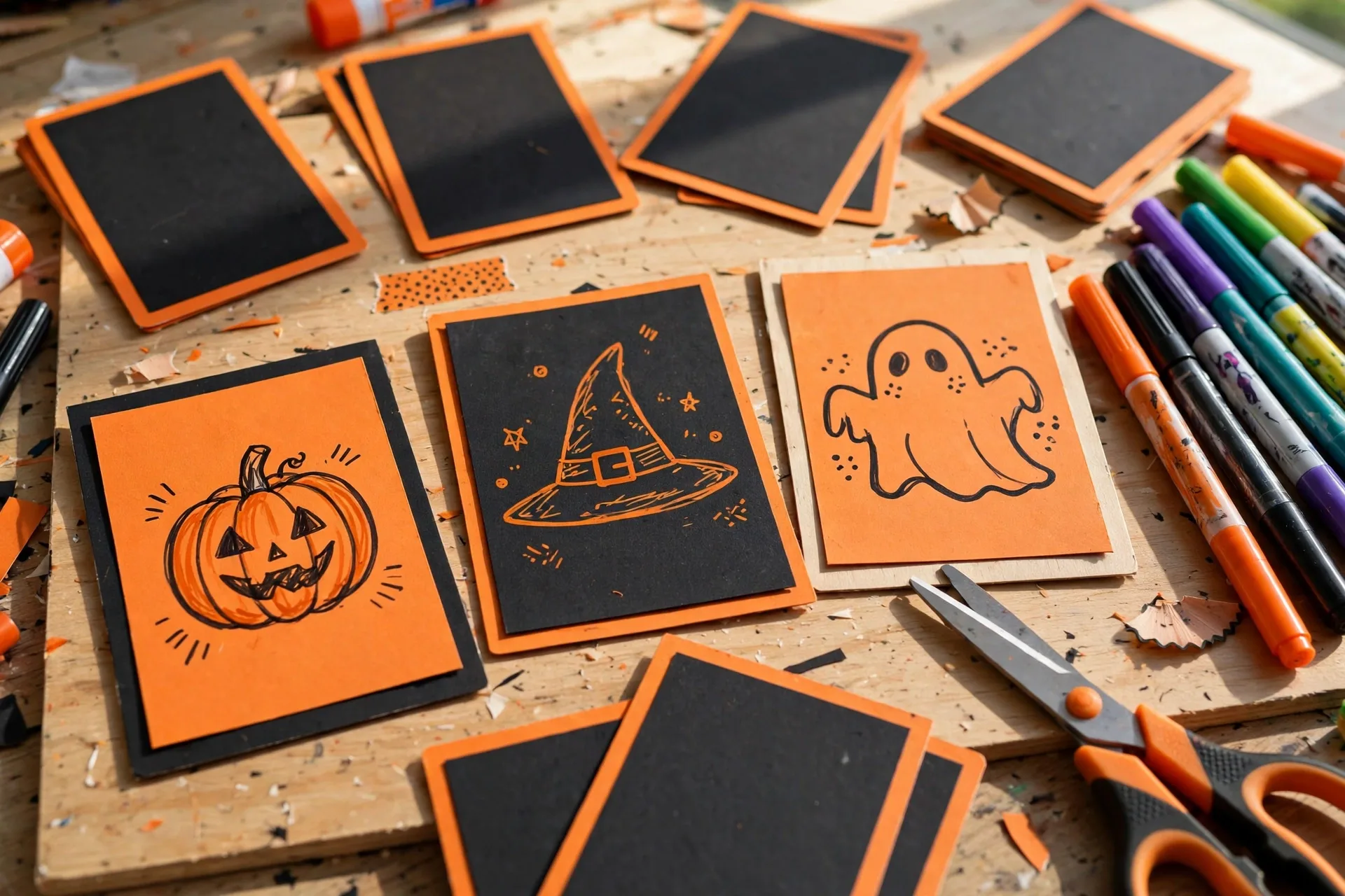Handmade orange and black Halloween word game cards with pumpkin, witch hat and ghost doodles, colored markers and scissors on a craft table