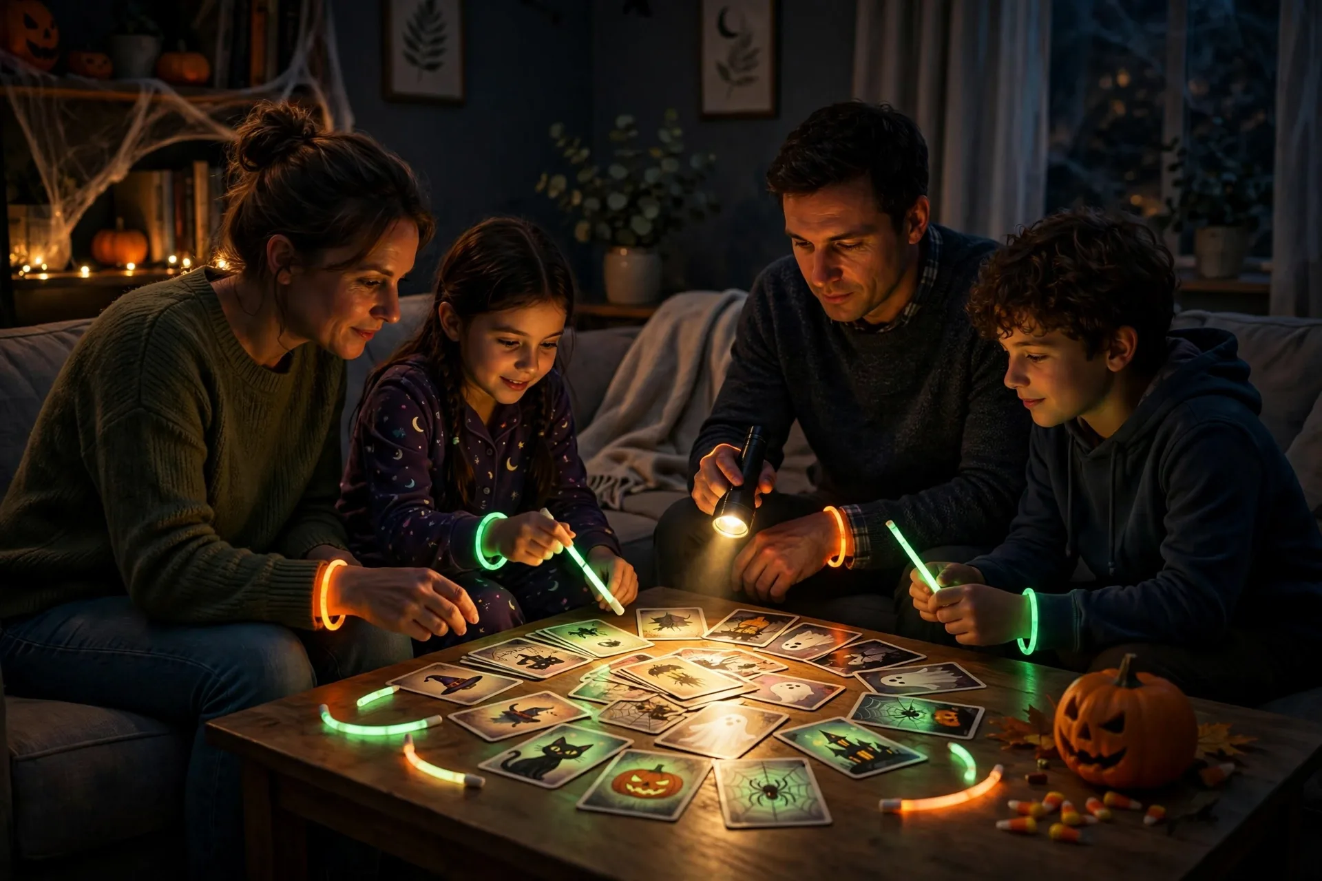A family playing a word-guessing card game at night by glow sticks and flashlight, glowing bracelets on wrists, Halloween cards on the coffee table