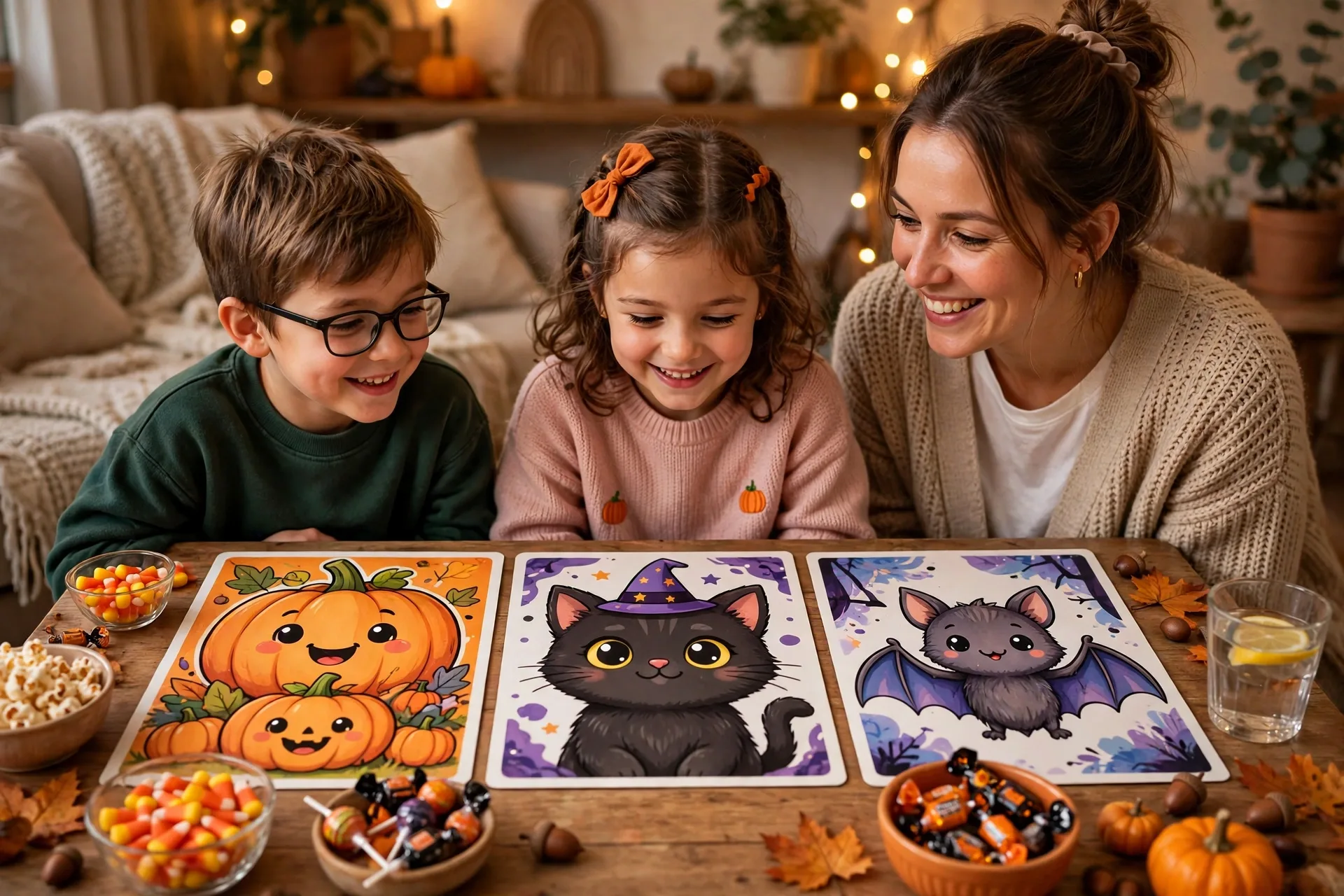 Two children and their mom playing a word card game with big colorful illustrated Halloween cards and candy bowls on the table