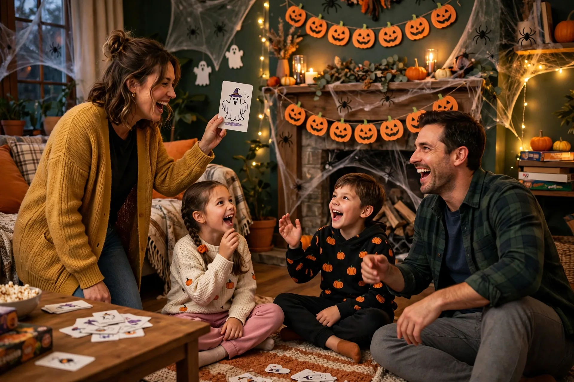 A family playing a word-guessing card game in a Halloween-decorated living room, mom describing a card while kids shout guesses