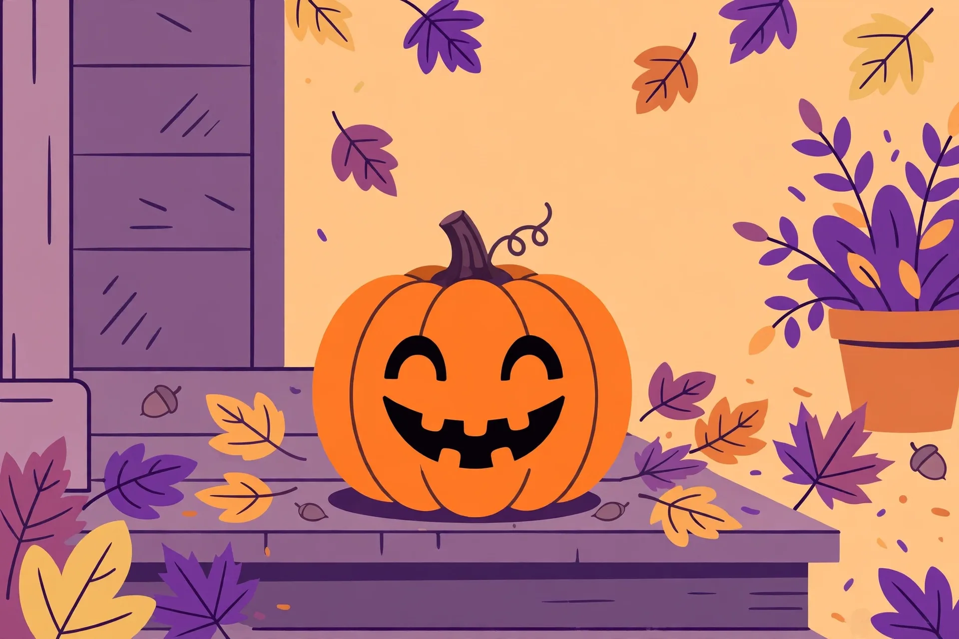 A smiling jack-o-lantern pumpkin on a porch step with autumn leaves
