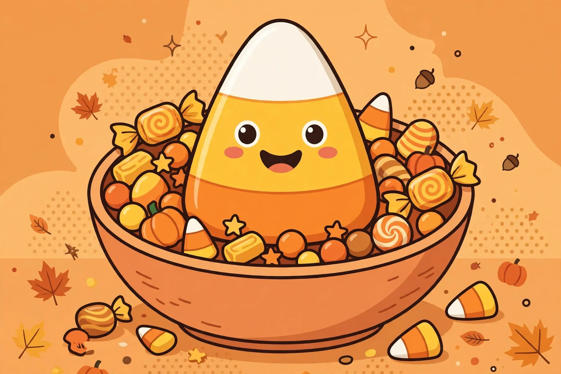 A big smiling candy corn character sitting in a bowl of candy