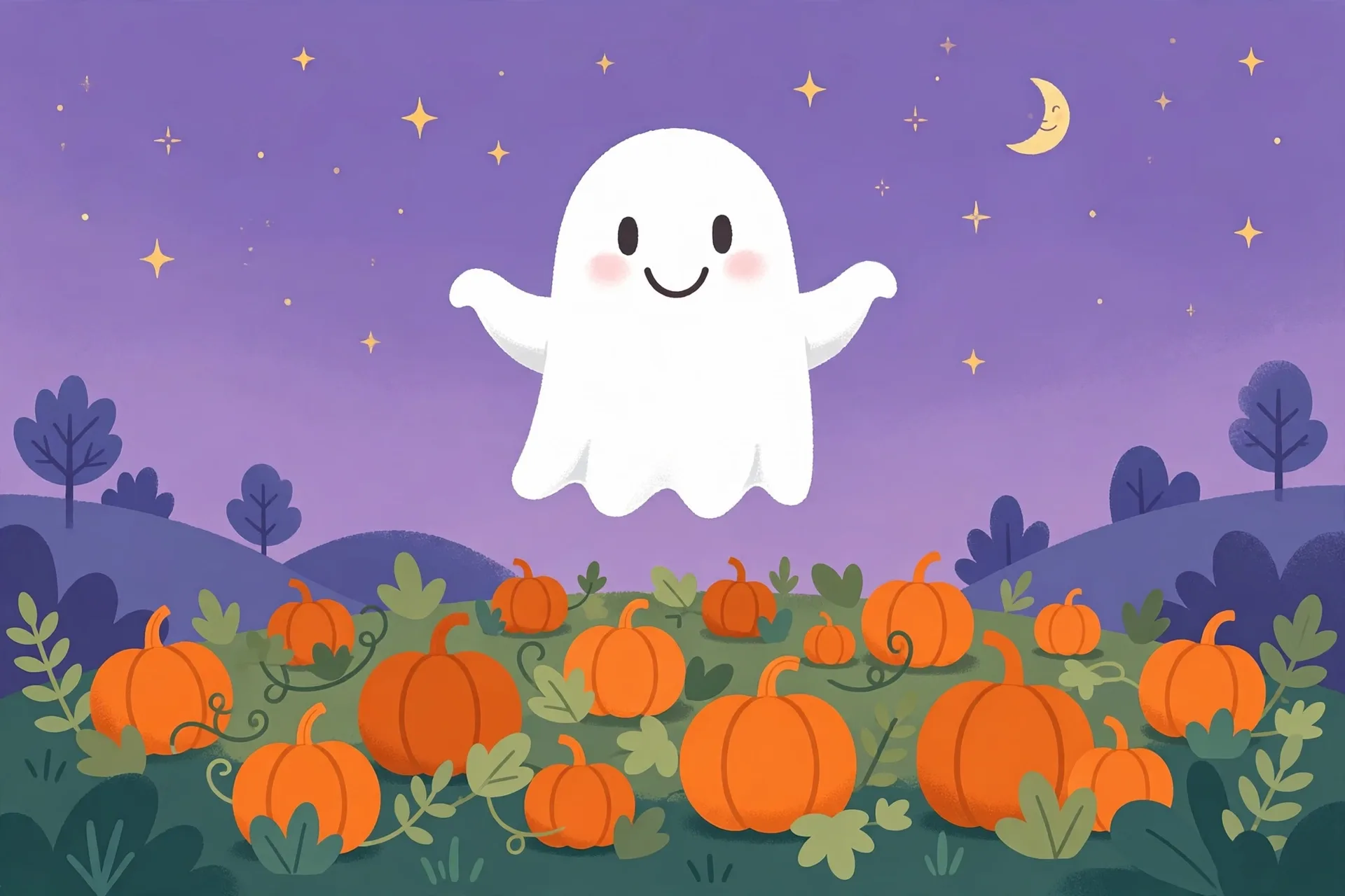 A friendly smiling white ghost floating above a pumpkin patch at dusk