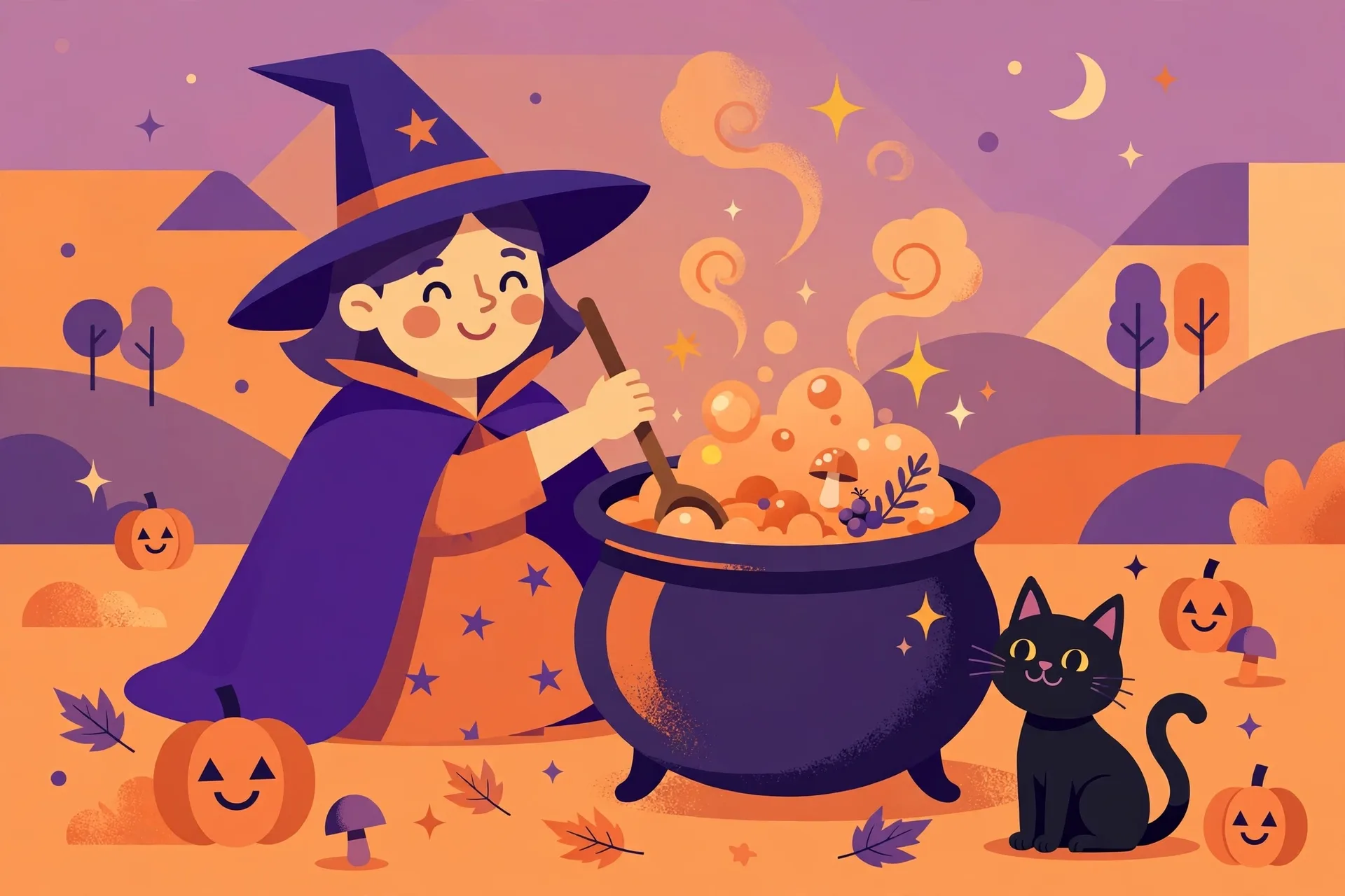 A friendly witch with a pointy hat stirring a bubbling cauldron