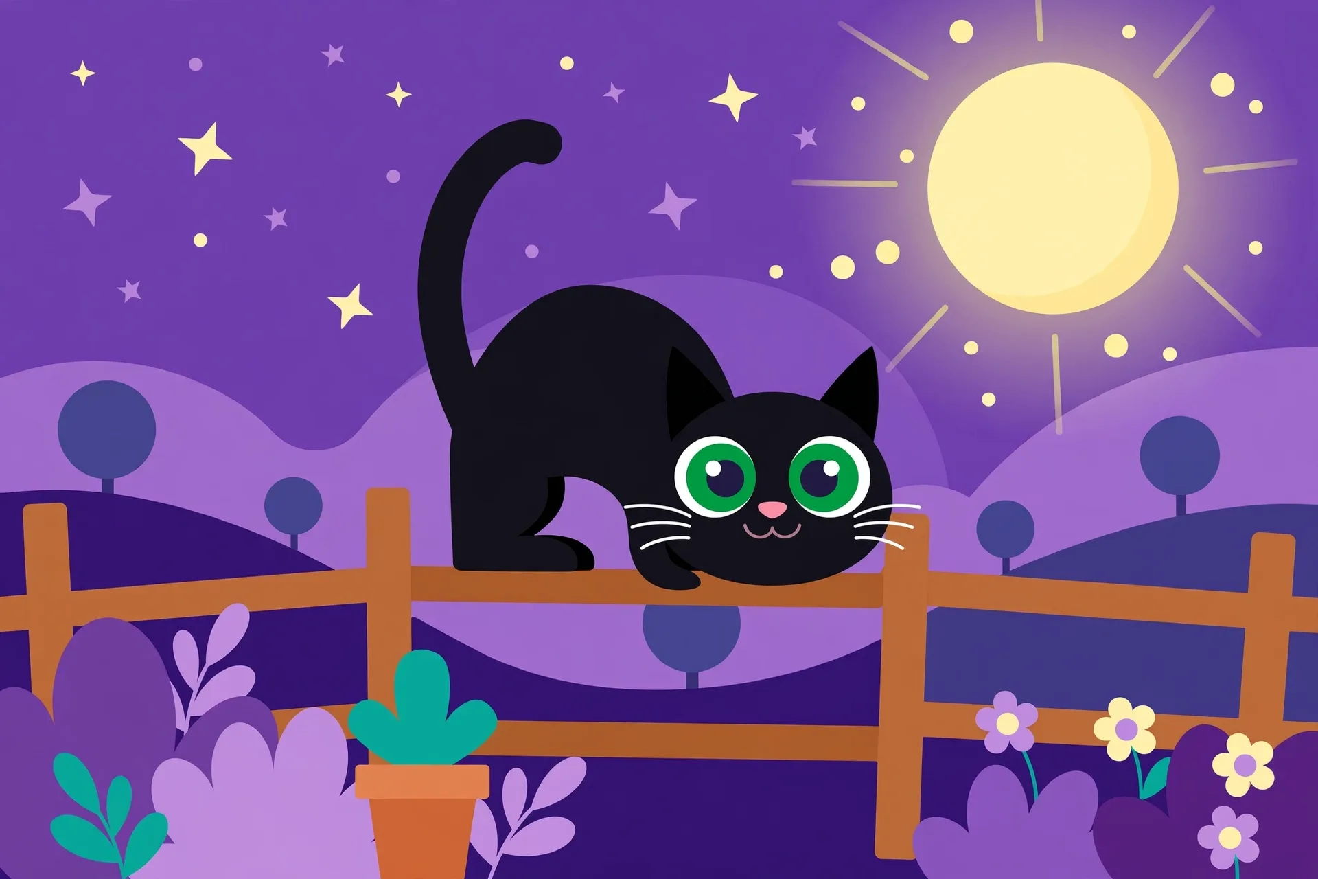 A cute black cat with big green eyes sitting on a fence under a full moon