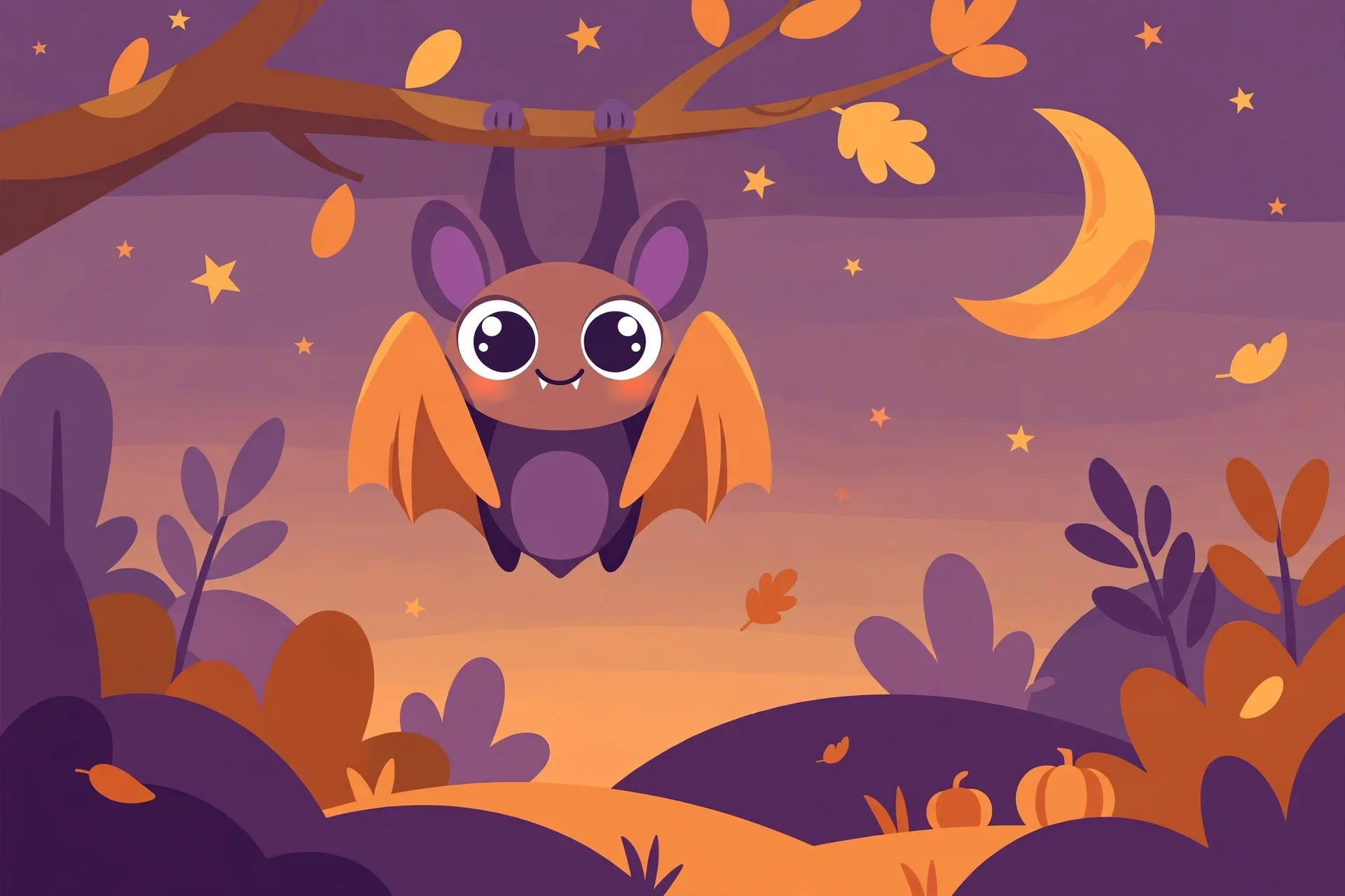 A friendly little bat hanging upside down from a tree branch at dusk