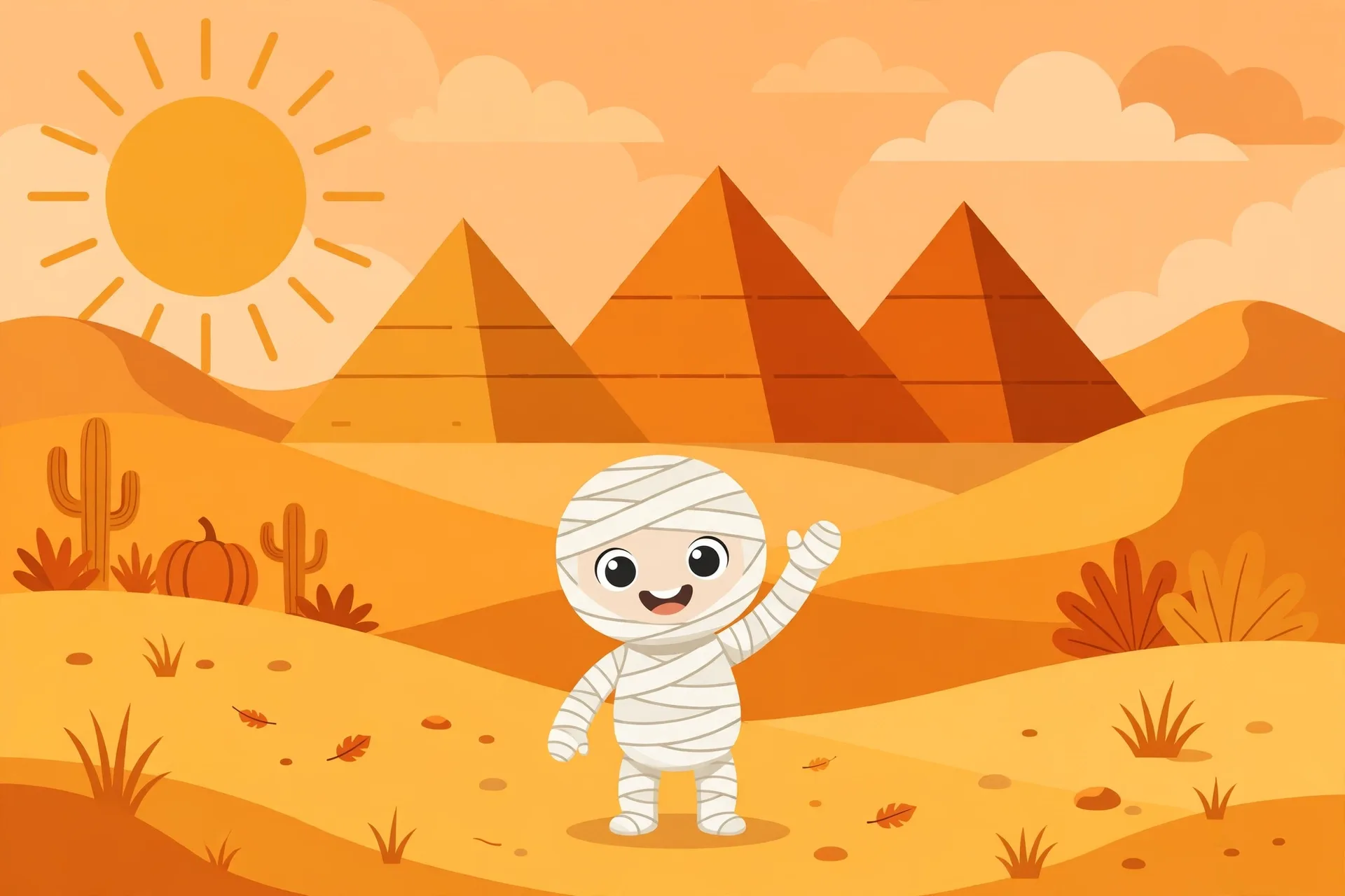 A friendly little mummy wrapped in white bandages waving