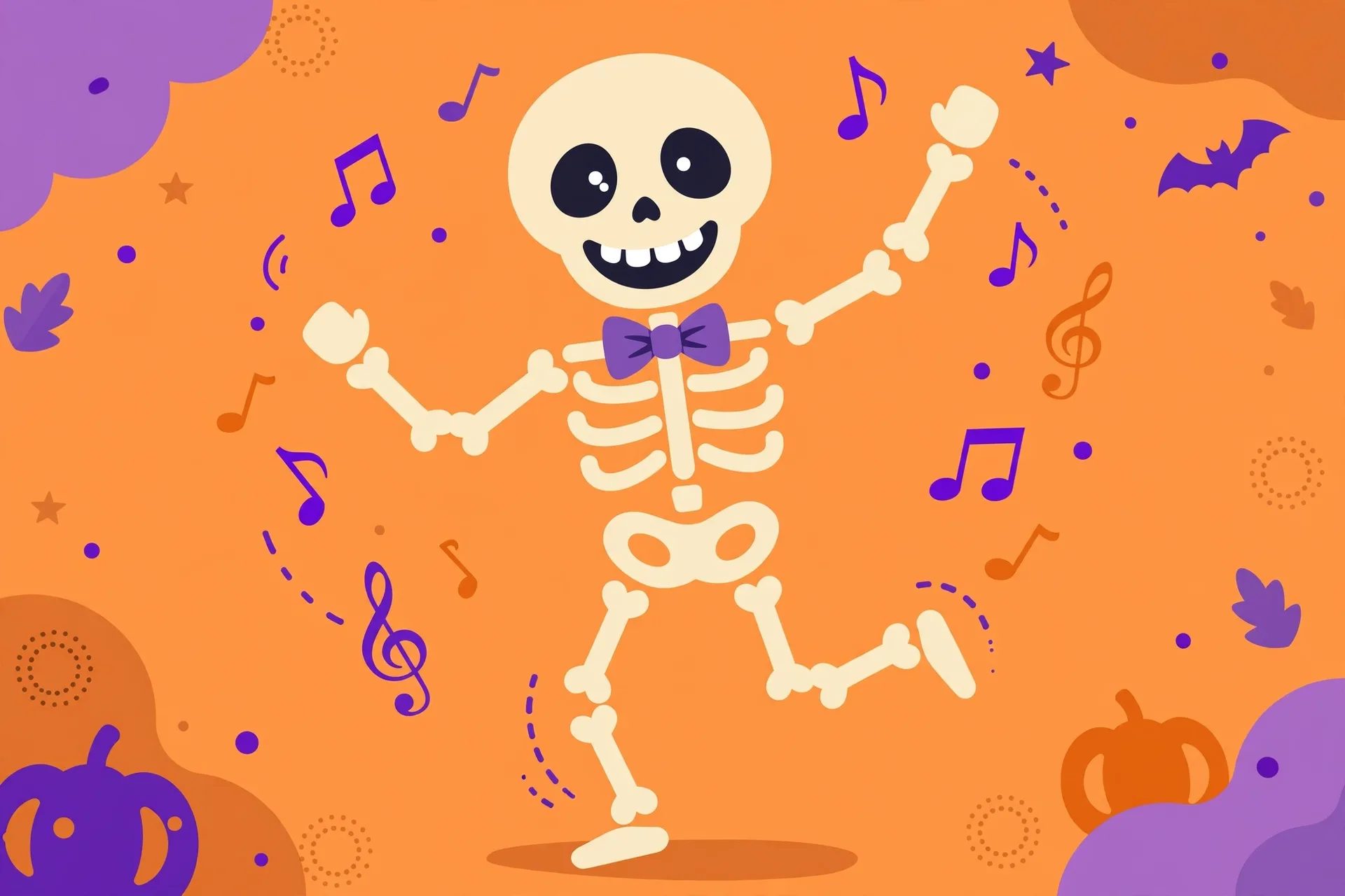 A friendly dancing skeleton with a big grin and a bow tie