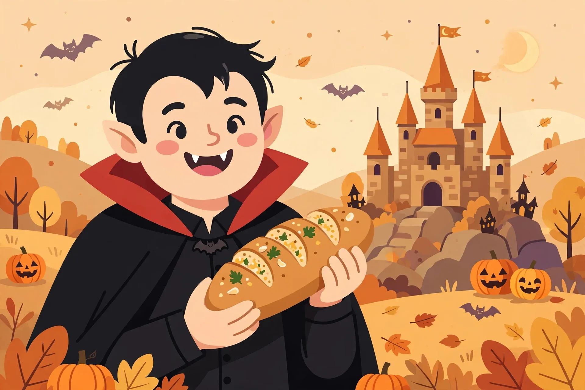 A friendly smiling vampire in a black cape holding a garlic bread loaf