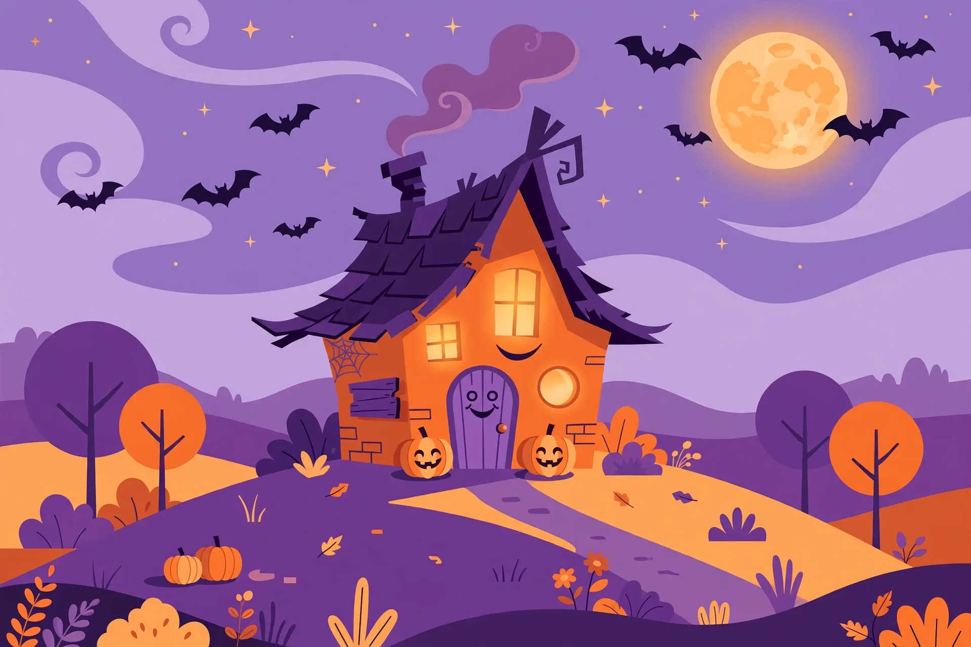 A friendly haunted house on a hill with glowing windows and bats around a full moon