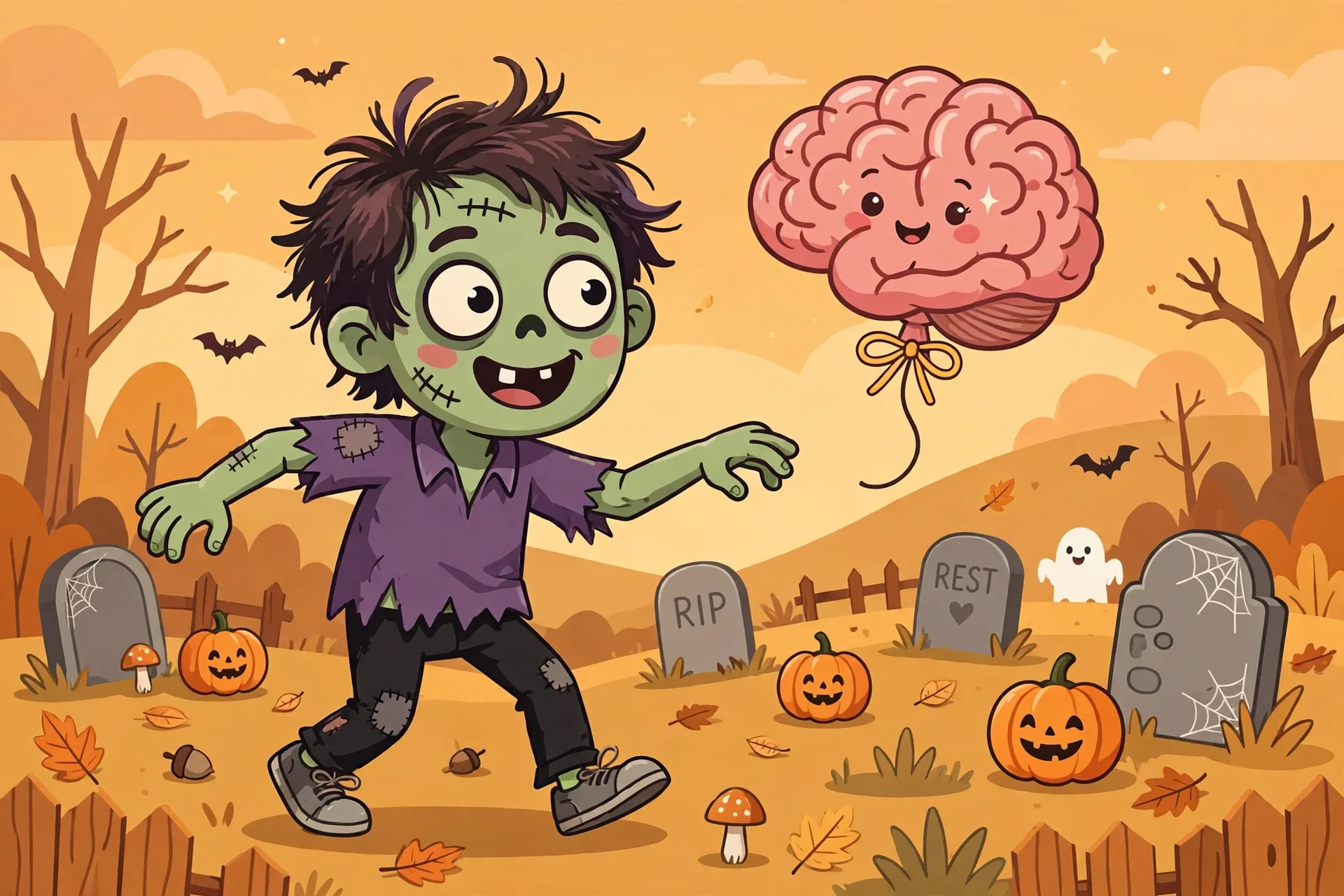 A friendly goofy zombie shuffling with arms out in a graveyard