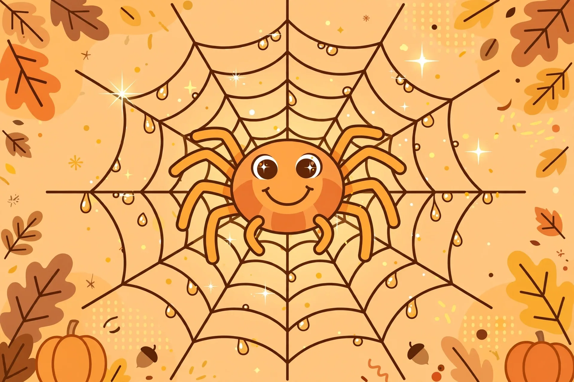 A cute friendly spider sitting in the middle of a sparkly round web