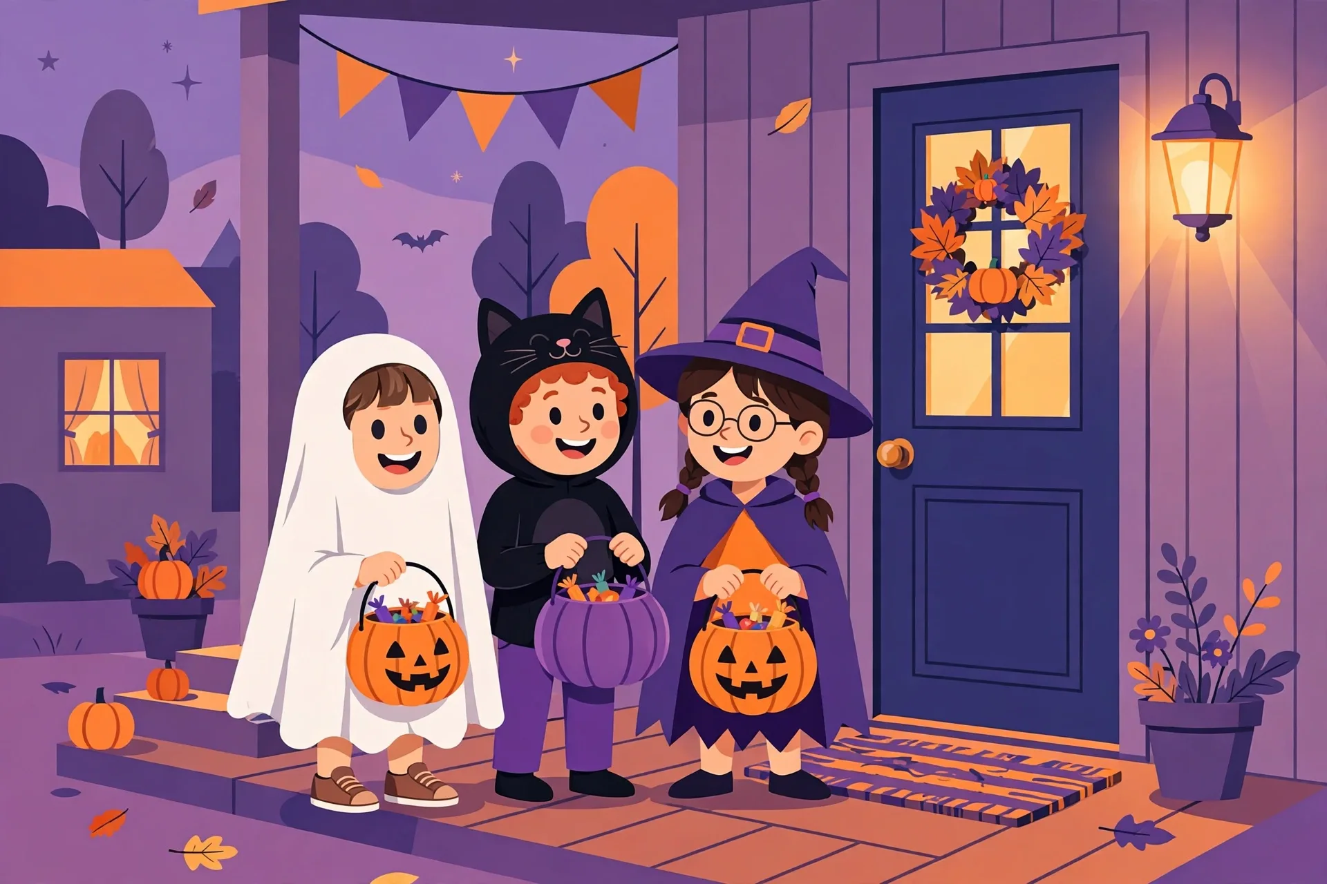 Happy kids in Halloween costumes trick-or-treating at a front door with pumpkin candy buckets