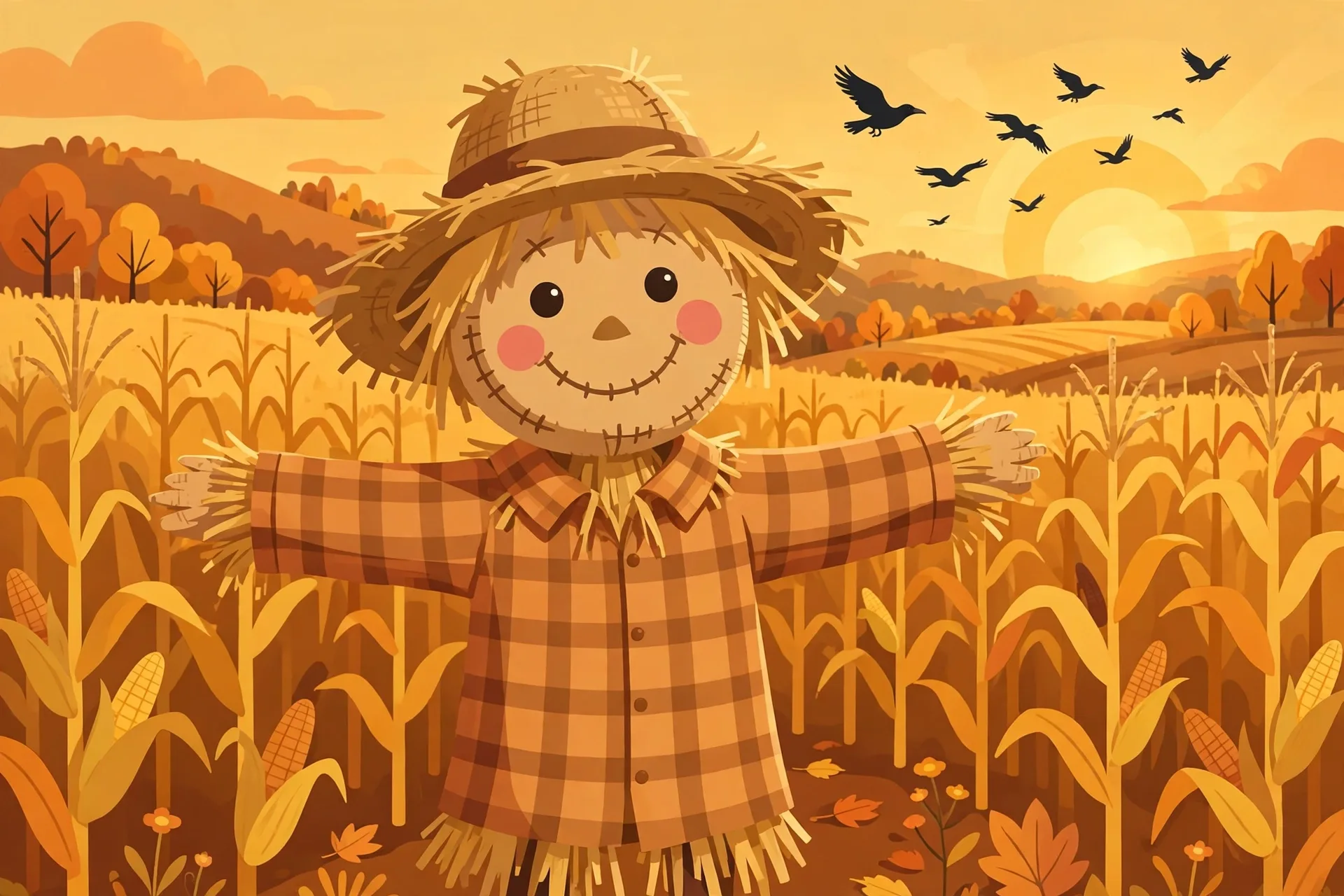 A friendly smiling scarecrow with a straw hat standing in a cornfield at golden hour