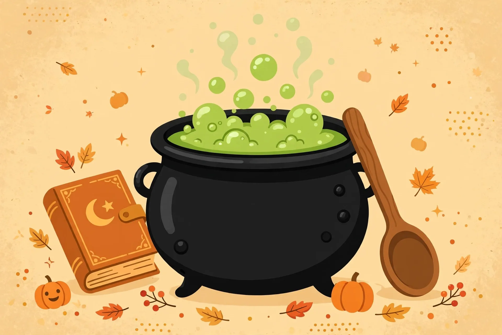 A black witch's cauldron with bubbling green potion and a wooden spoon beside it