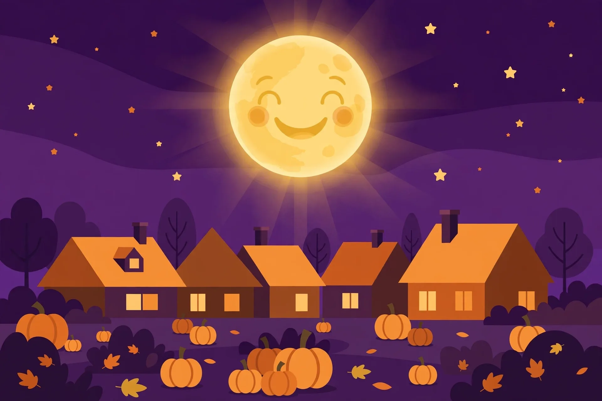 A big glowing full moon with a friendly face in a purple night sky over a neighborhood